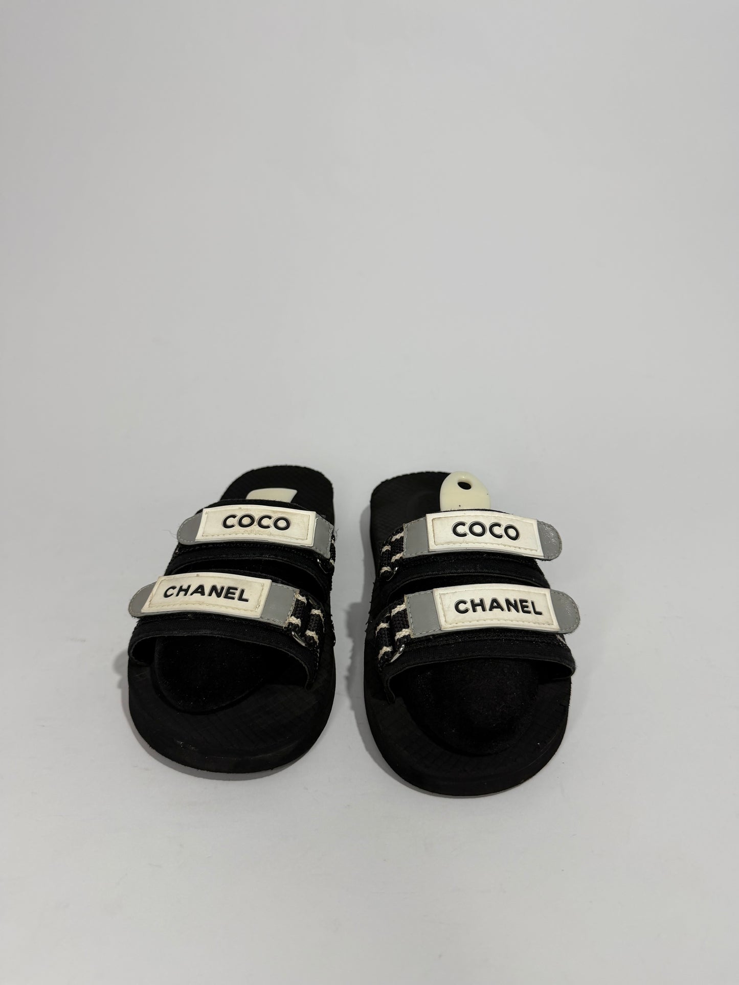 CHANEL Coco Logo Double Strap Slide Sandals Black & White Size 39 EU/ 9 US