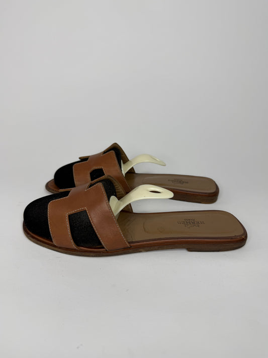 HERMES Brown Box Calfskin Oran Sandals 38 EU/ 8 US / 5 UK