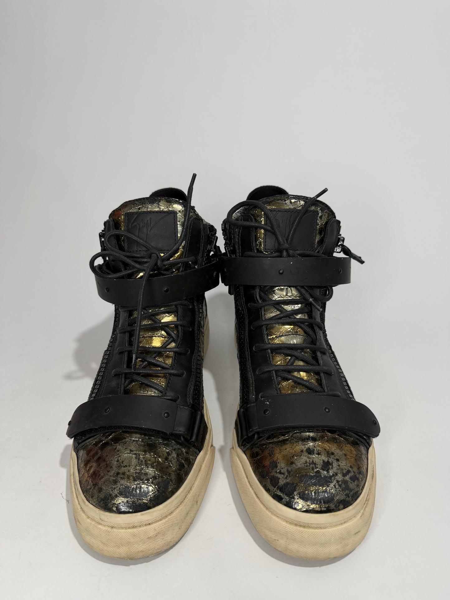 Giuseppe Zanotti Black/Gold Python Embossed Leather Double Zip High Top Sneakers Size 43 EU