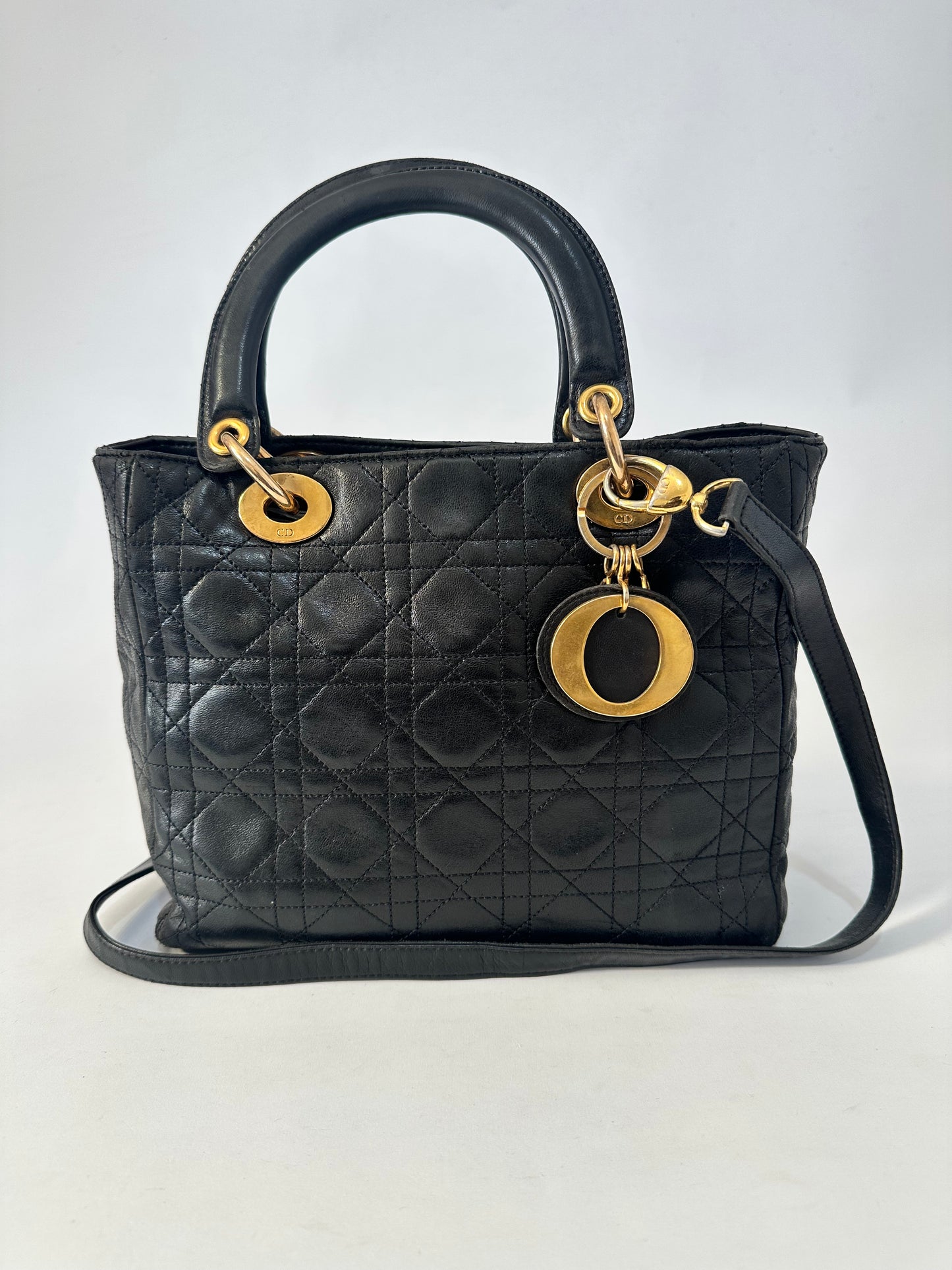VintageDior Black Cannage Leather Medium Lady Dior Tote