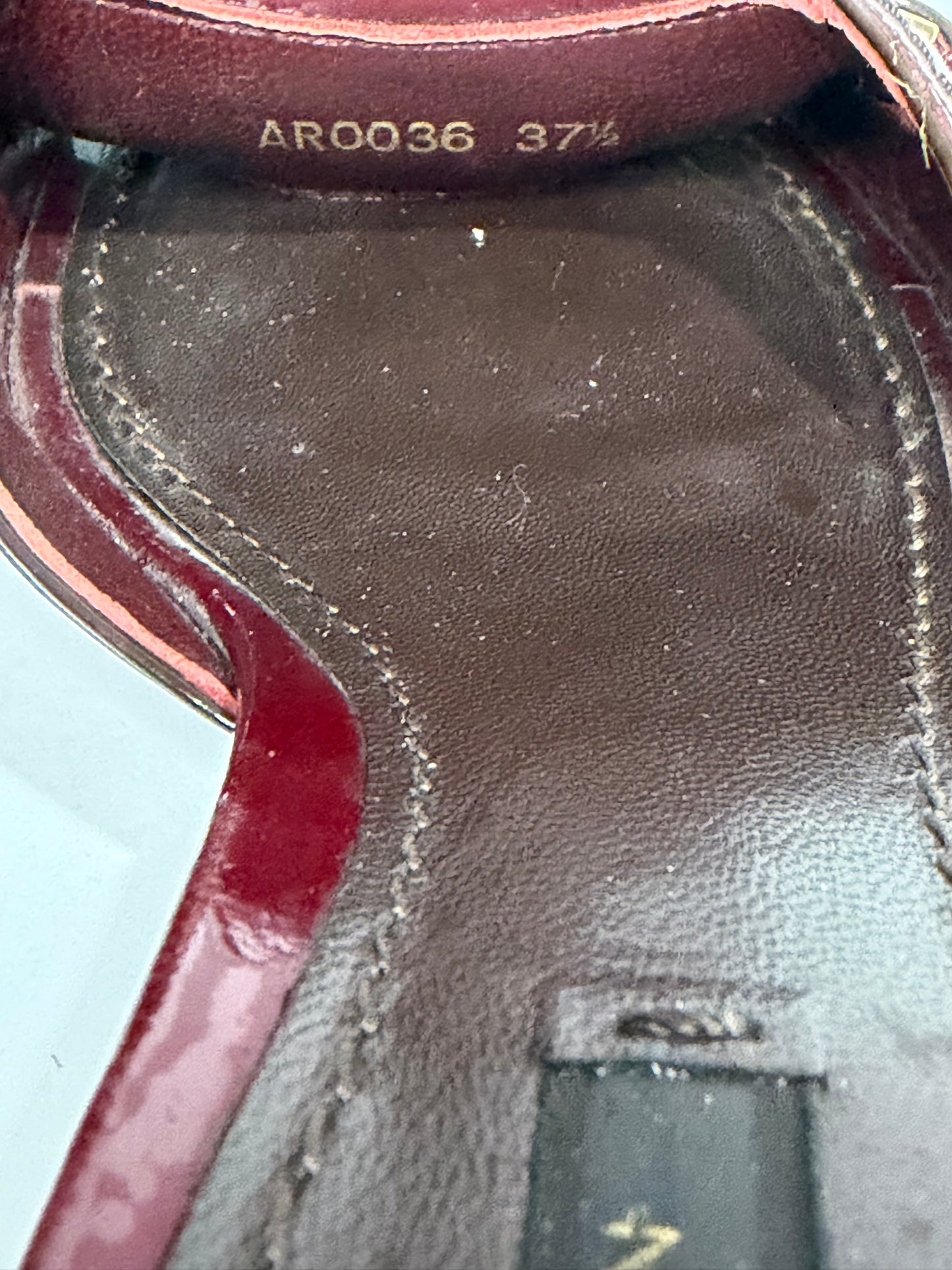 Louis Vuitton Patent Leather Fringe Mule Heels – Burgundy / Bordeaux with Gold LV Hardware