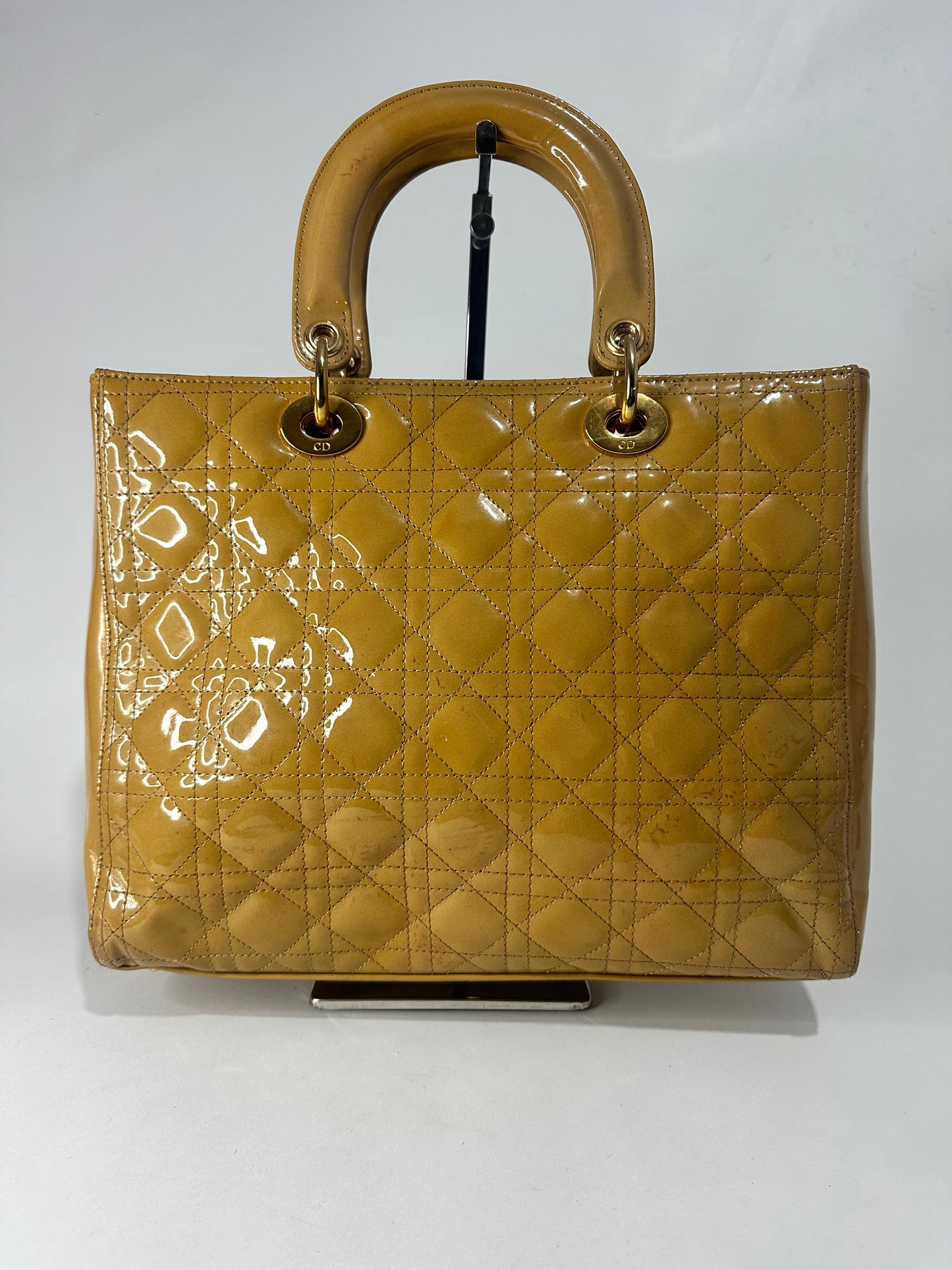 Dior Mustard Yellow Cannage Patent Leather Large Lady Dior Tote