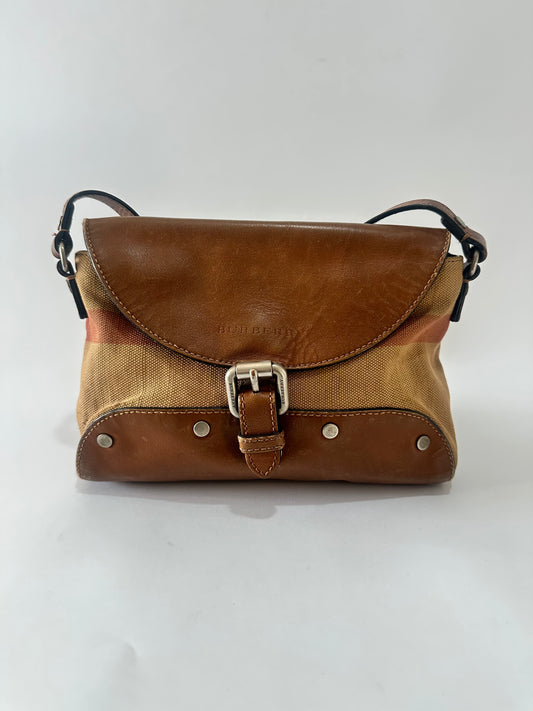 BURBERRY  Mega Check Grainy Calfskin Small Gowan Messenger Bag Brown