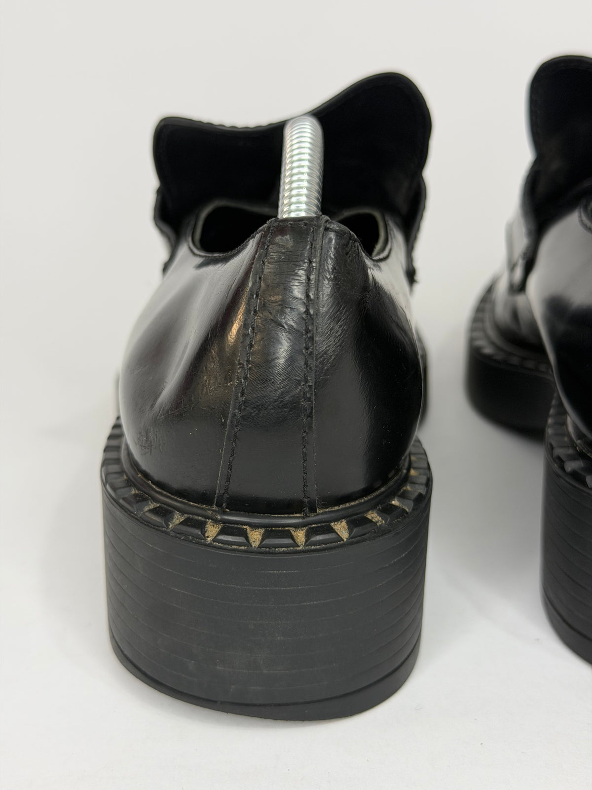 PRADA Vernice Metal Triangle Logo 50mm Loafers Size 38 EU/8 US/ 5 UK
