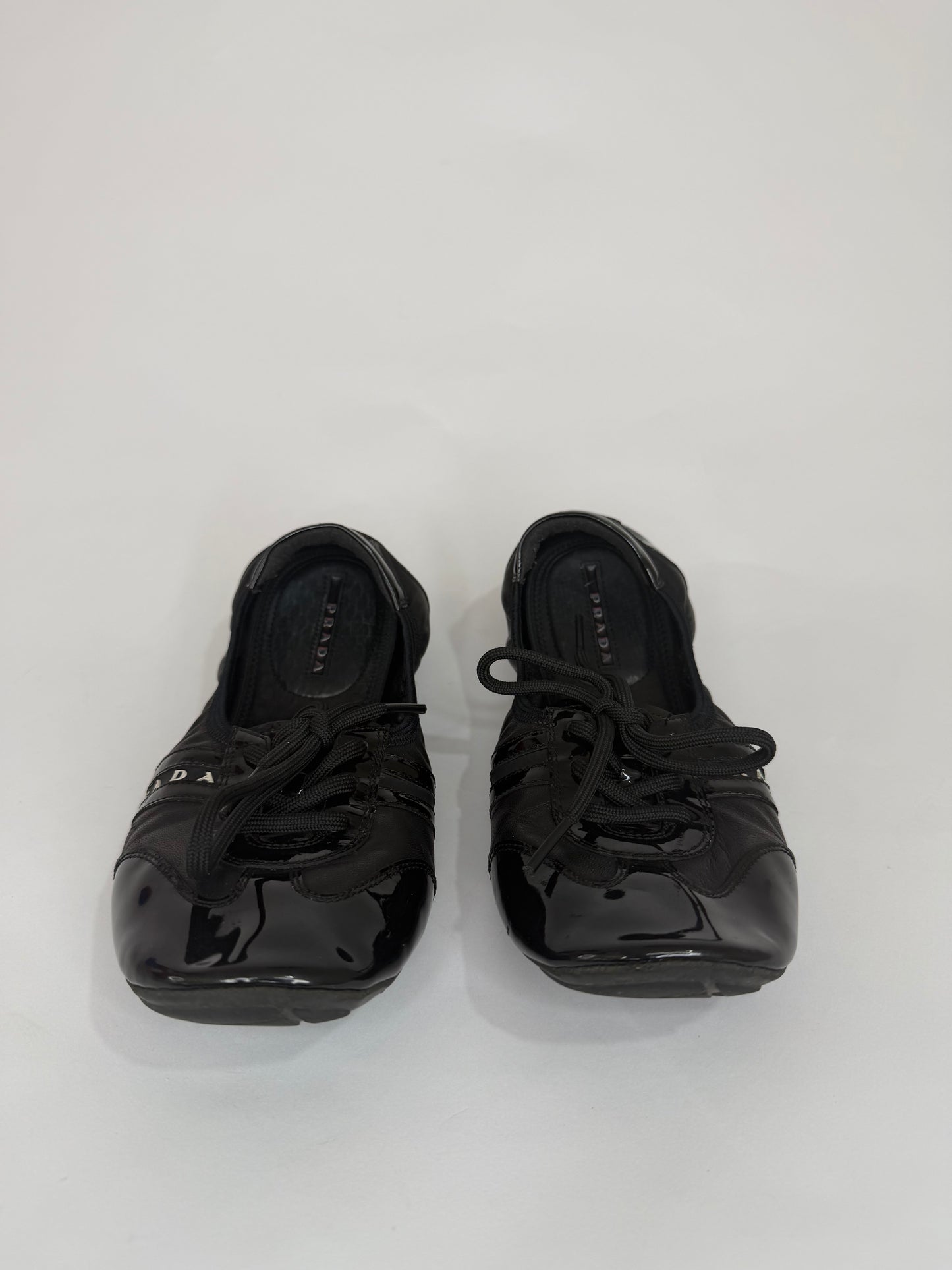 Prada Black Nylon and Leather Lace Up Flats Size 38 EU/ 8 US / 5 UK