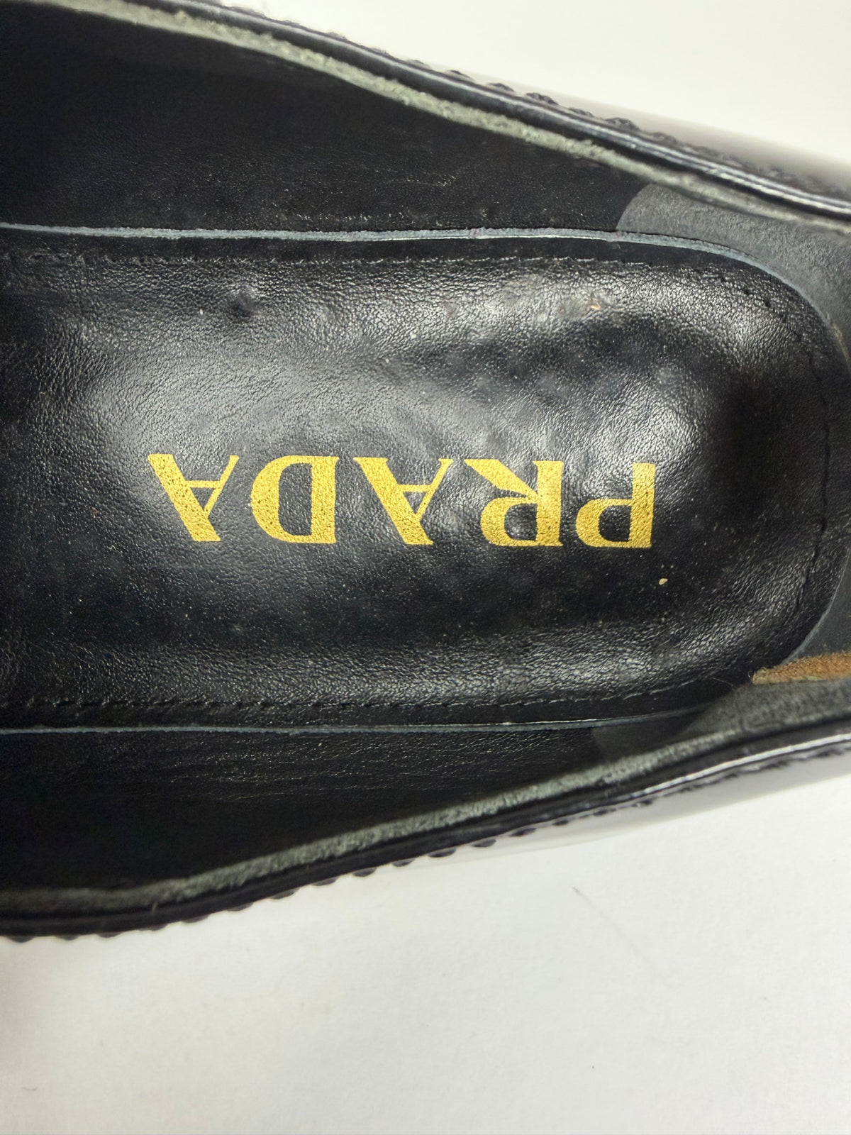 PRADA Vernice Metal Triangle Logo 50mm Loafers Size 38 EU/8 US/ 5 UK