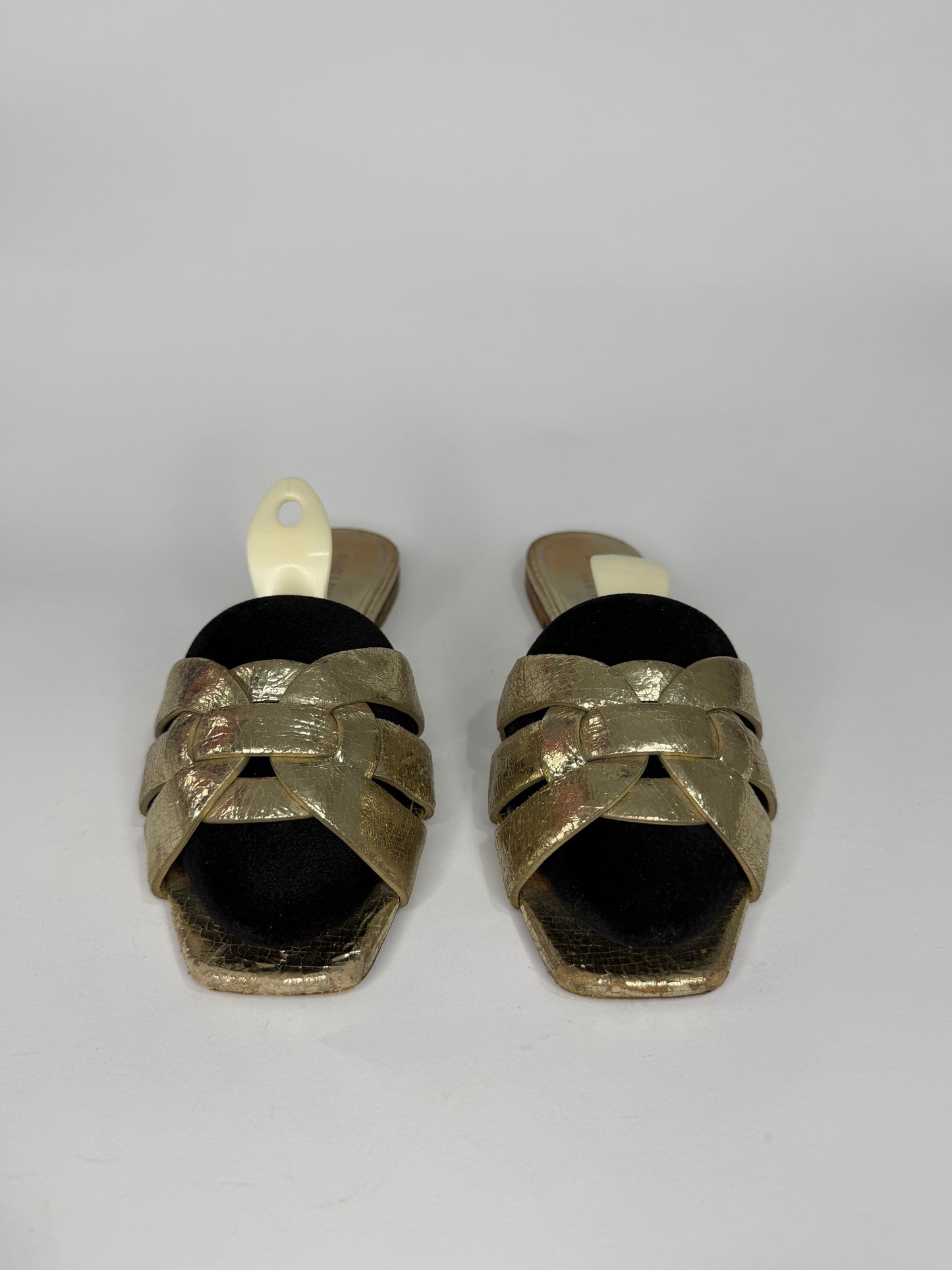 Saint Laurent Paris Gold Leather Tribute Flat Sandals Size 38 EU/ 8US / 5 UK