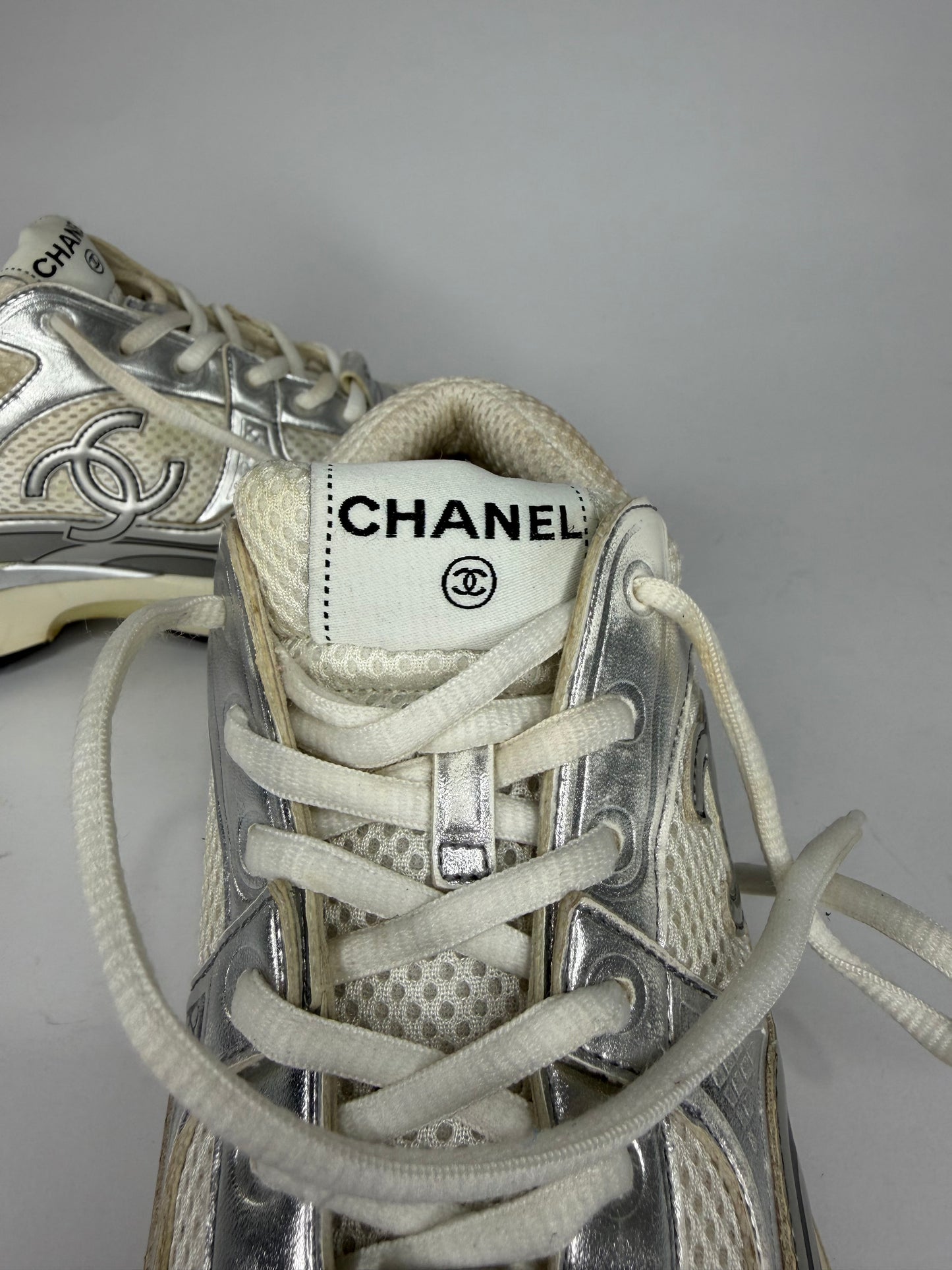 Chanel CC  Silver/White Leather and Mesh Low Top Sneakers