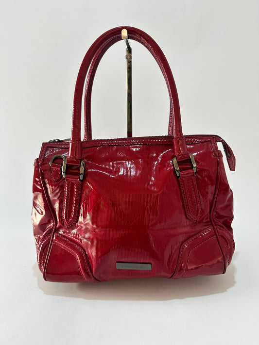 Burberry Fuchsia Check Embossed Patent Leather Satchel