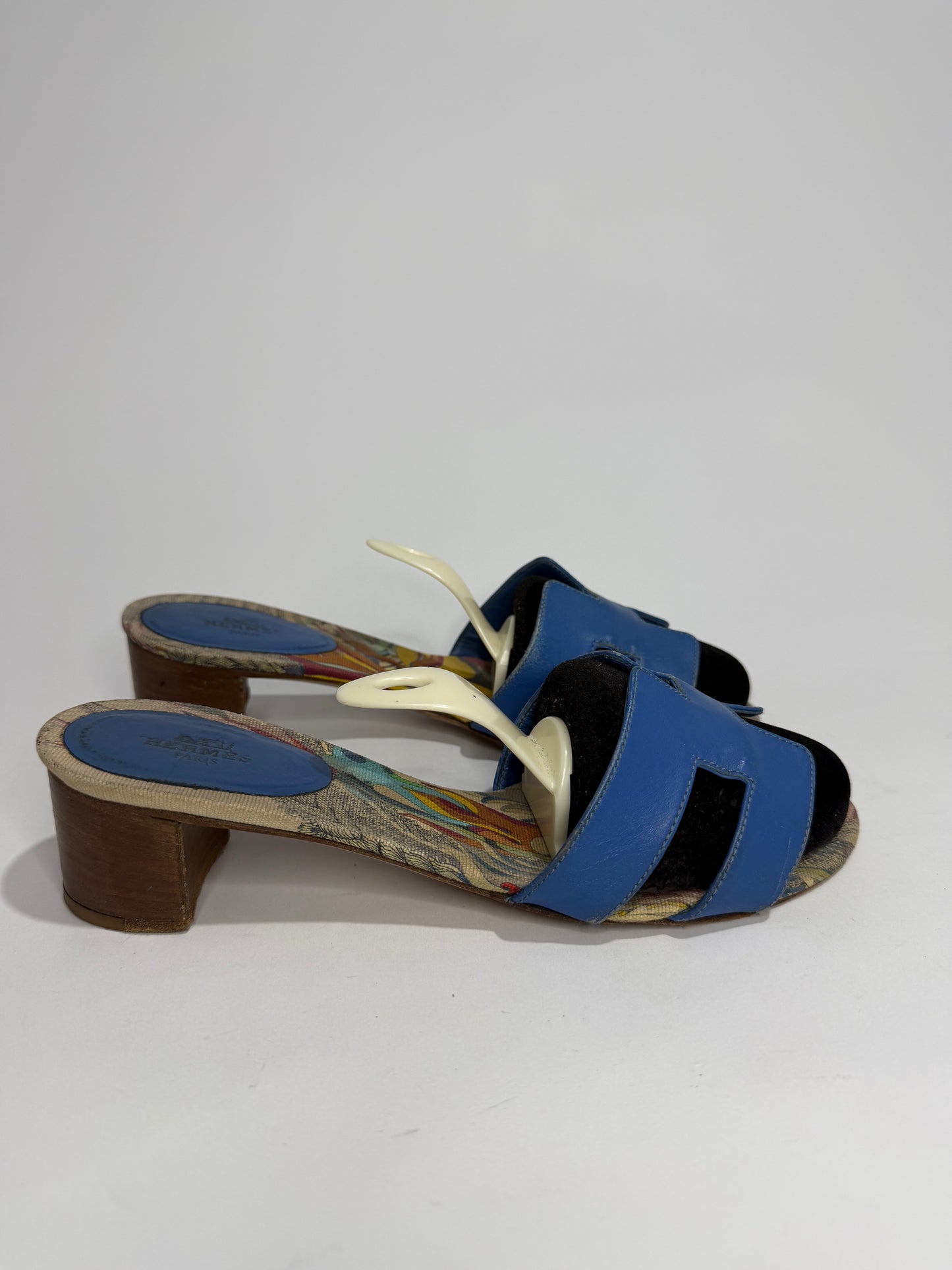 Hermès Oran H Cut-Out Heeled Sandals Blue Leather / Printed Canvas Size 39 EU/ 9 US/ 6 Uk