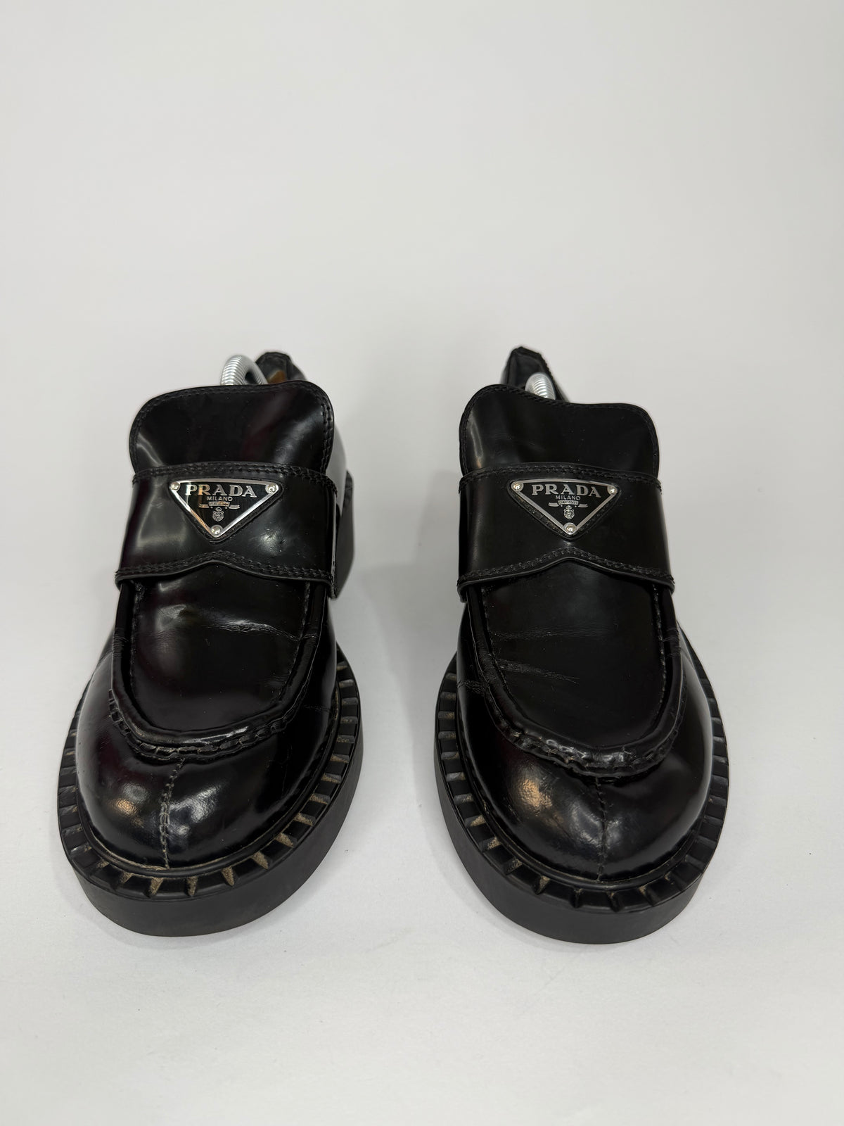 PRADA Vernice Metal Triangle Logo 50mm Loafers Size 38 EU/8 US/ 5 UK