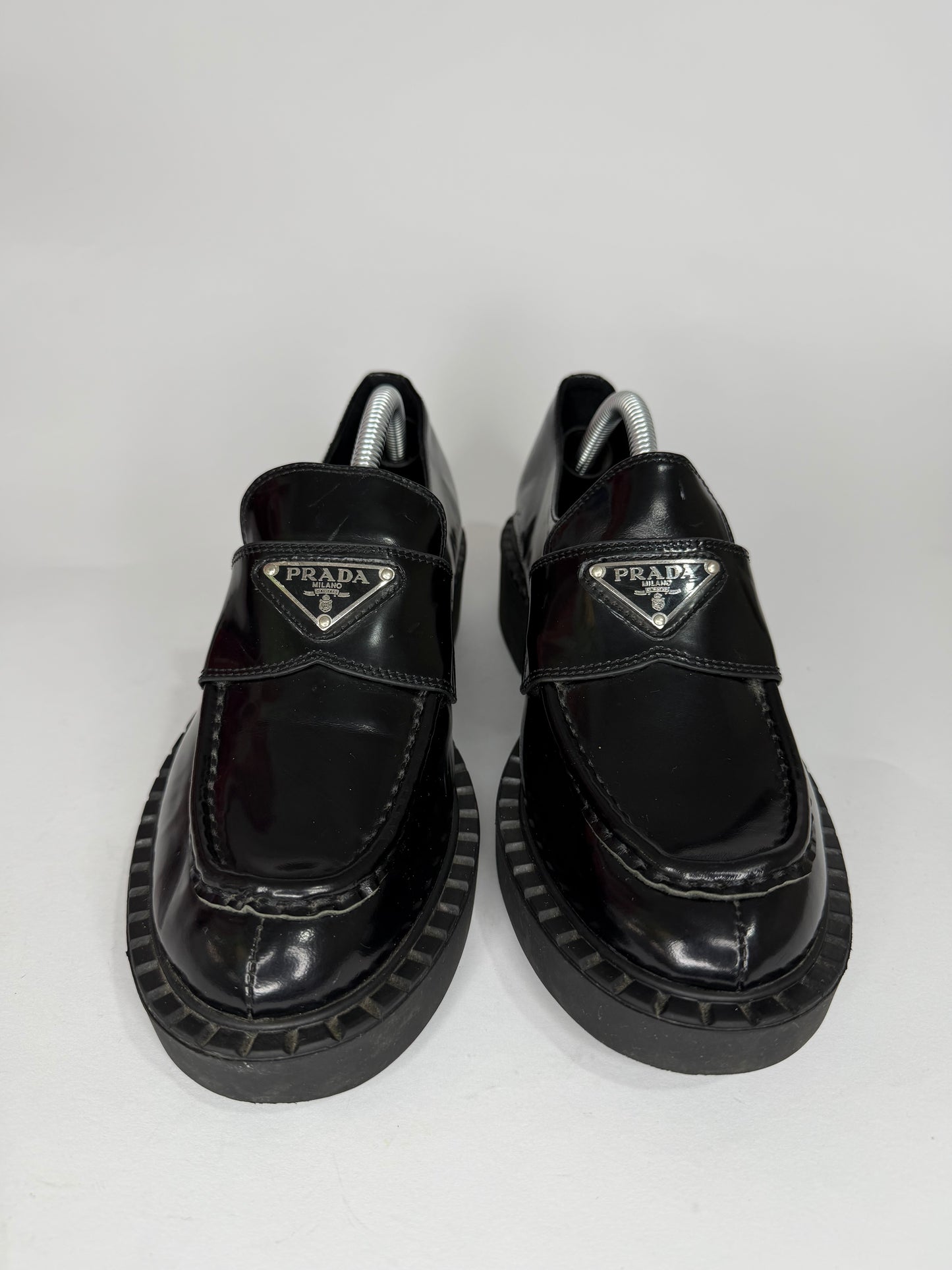 PRADA Vernice Metal Triangle Logo 50mm Loafers Size 37 EU/7 US/ 4 UK