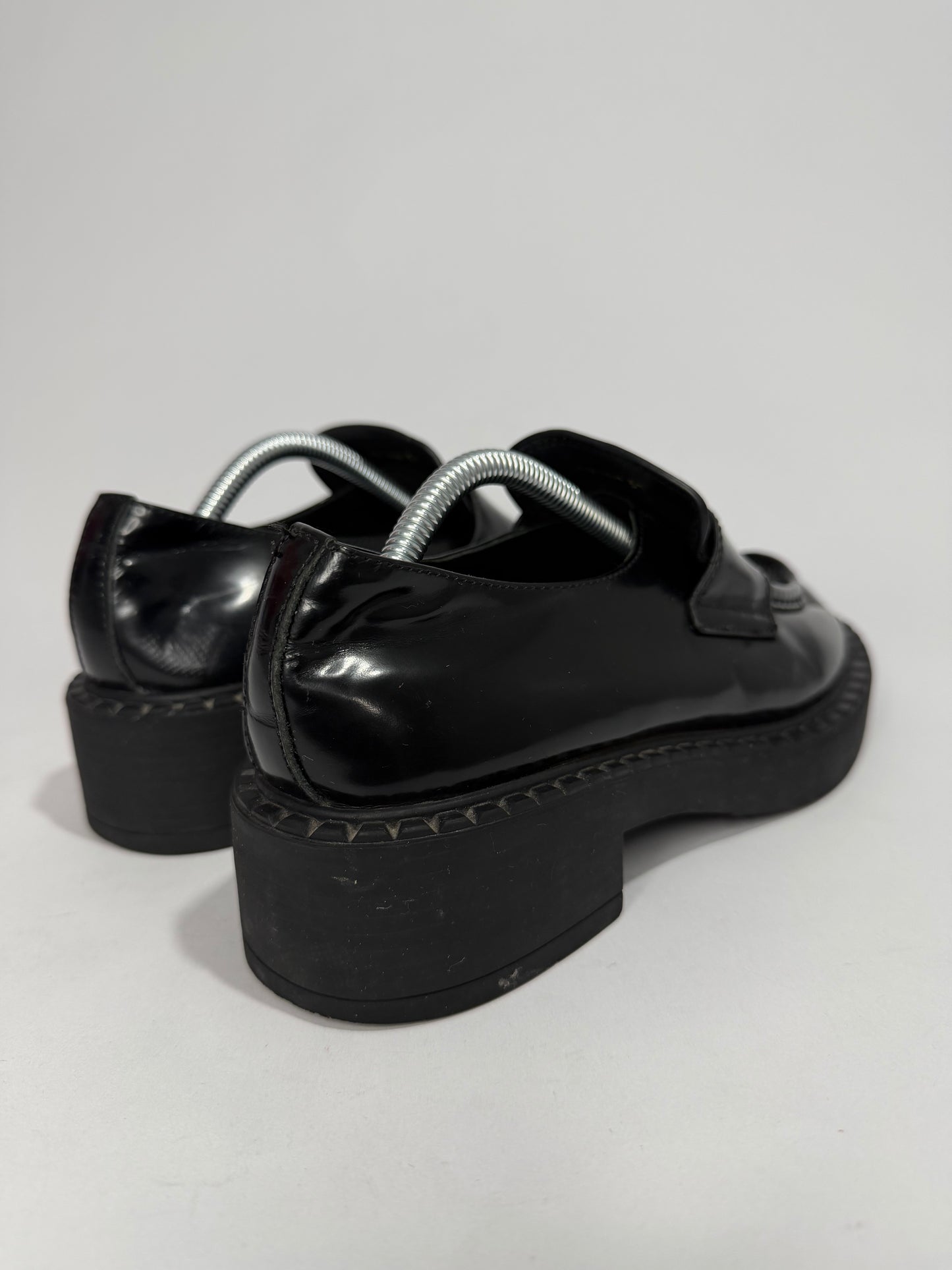 PRADA Vernice Metal Triangle Logo 50mm Loafers Size 37 EU/7 US/ 4 UK