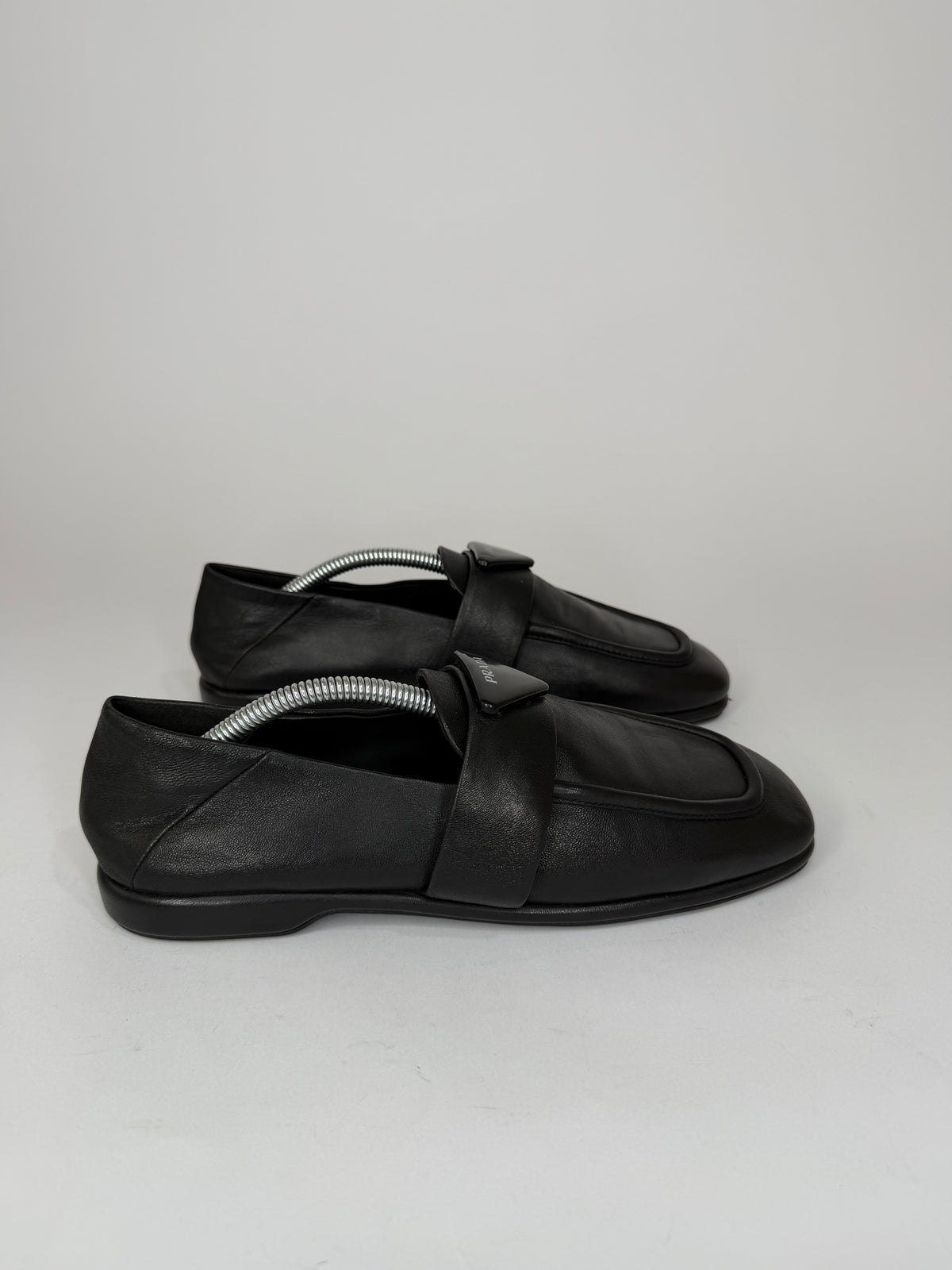 Prada Black Leather Triangle Logo Strap Loafers Made in Italy EU 37/ 7 US