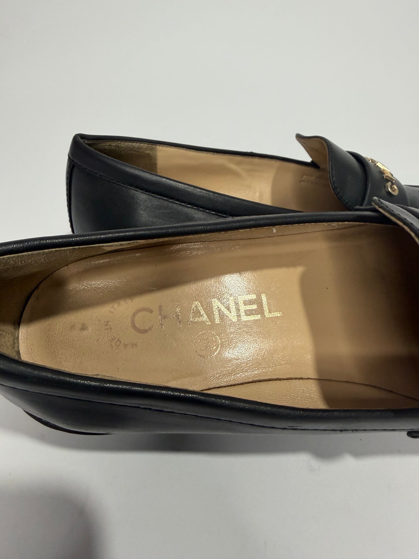 CHANEL x Pharrell Black Leather Logo Loafers Gold Hardware EU 38C