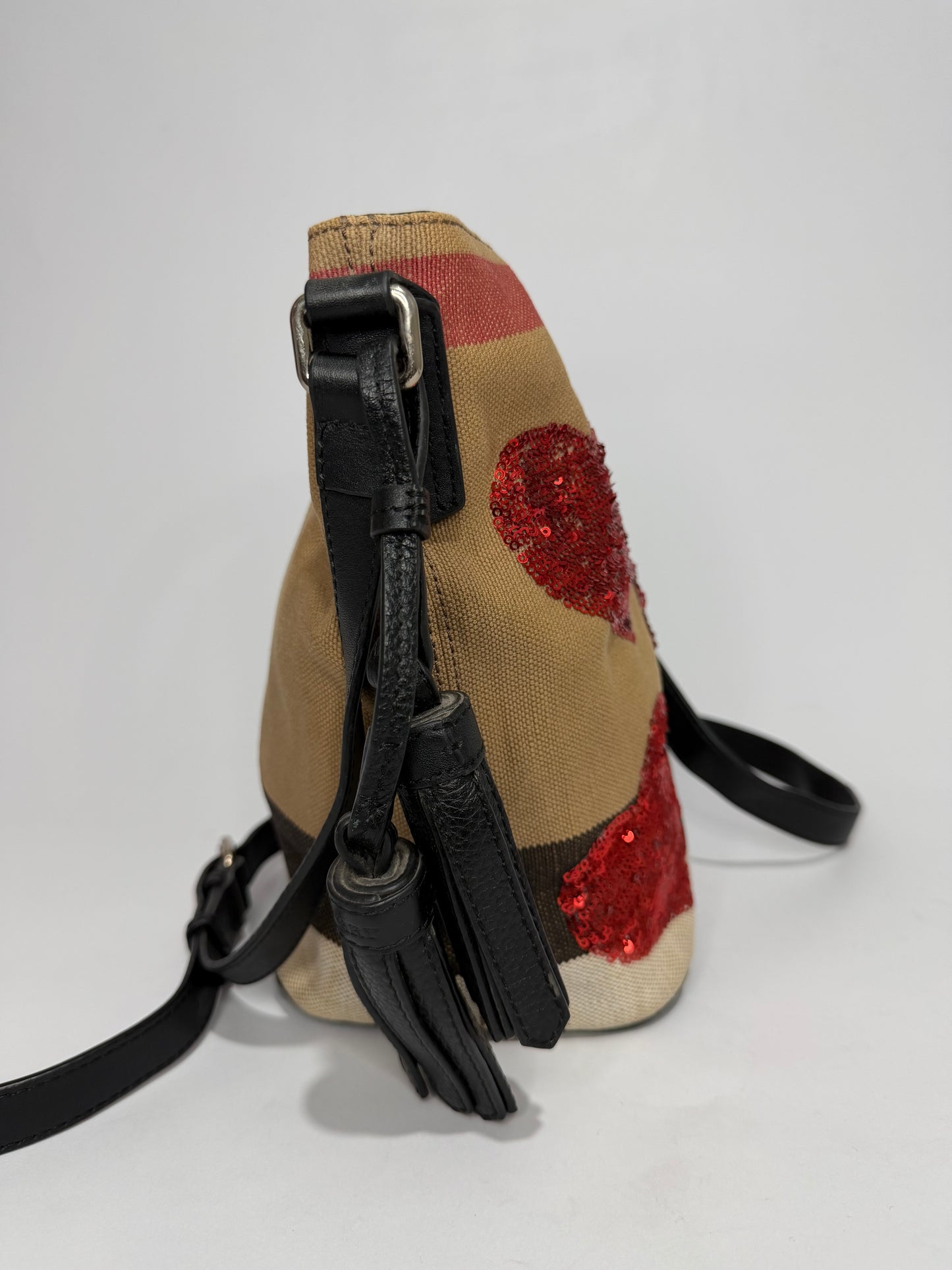 BURBERRY Canvas Mega Check Mini Ashby Tassel Crossbody Burgundy Red