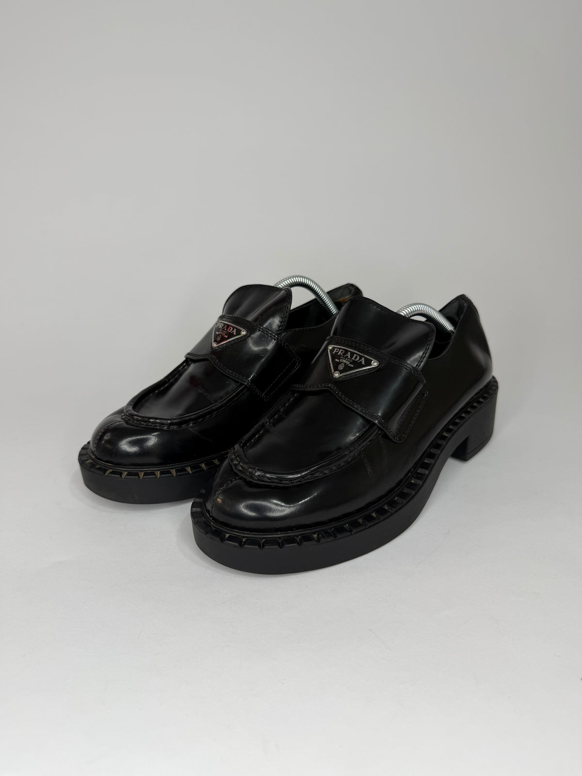 PRADA Vernice Metal Triangle Logo 50mm Loafers Size 38 EU/8 US/ 5 UK