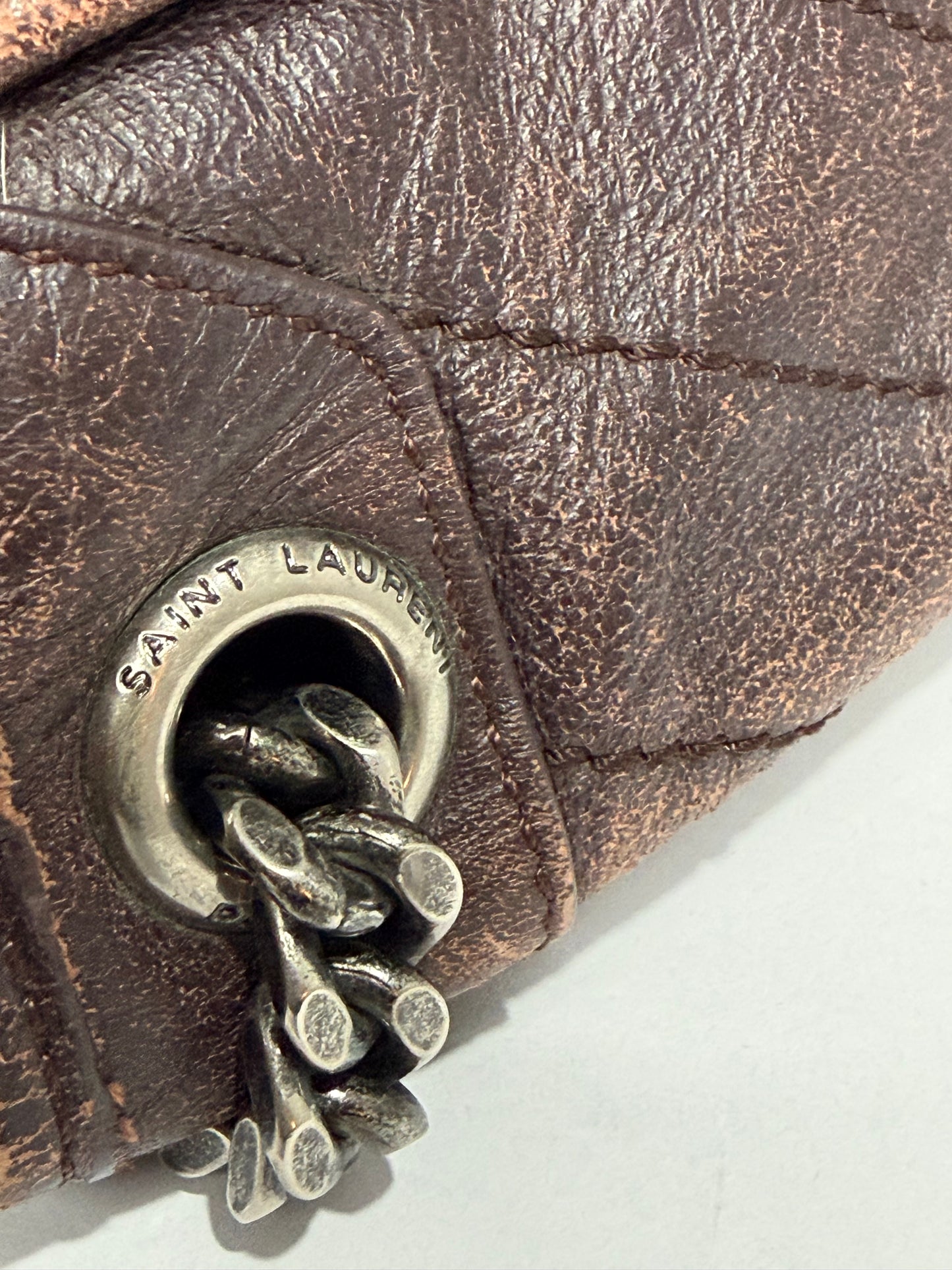 SAINT LAURENT
Crinkled Calfskin Matelasse Monogram Medium Niki Chain Satchel Brown