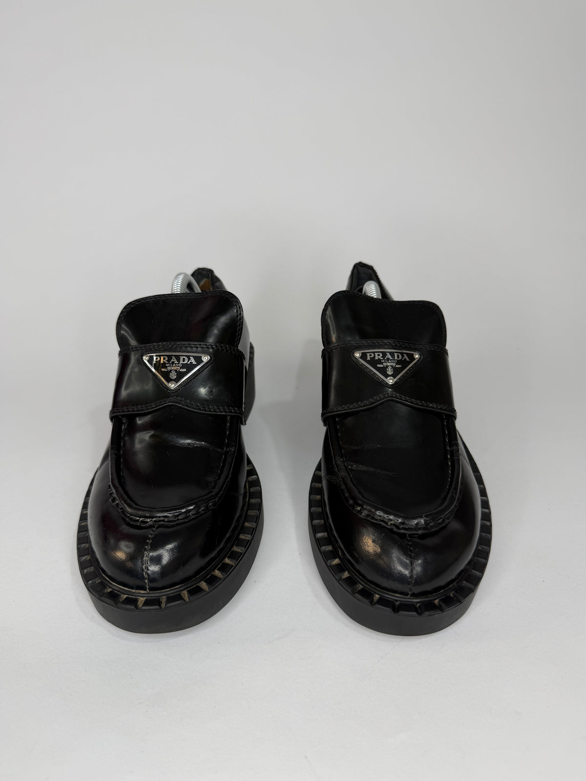 PRADA Vernice Metal Triangle Logo 50mm Loafers Size 38 EU/8 US/ 5 UK