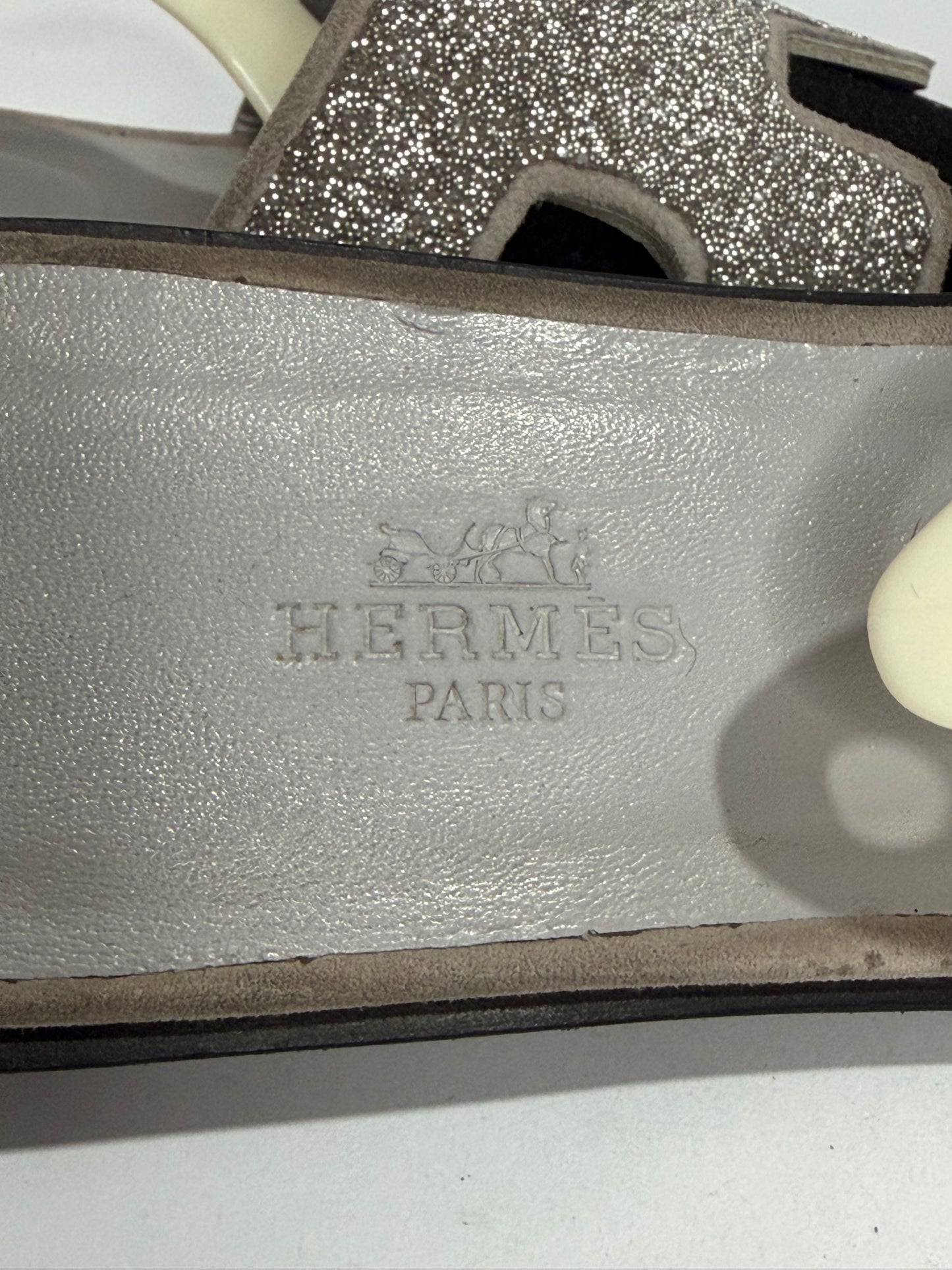Hermes Silver Suede and Glitter Opne Toe Flat Oran Slides Size 39 EU/ 9 US