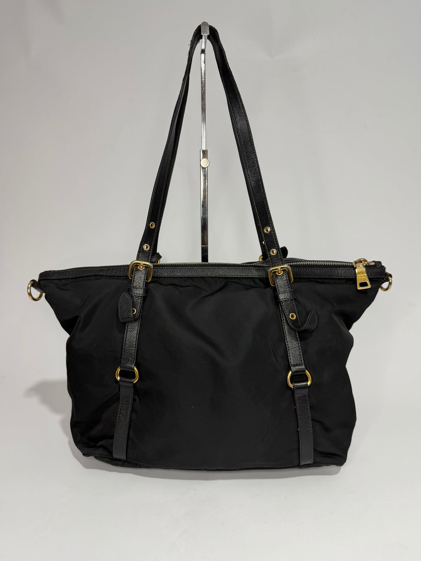 Prada Black Saffiano Leather trimmed Nylon Tessuto Tote Bag