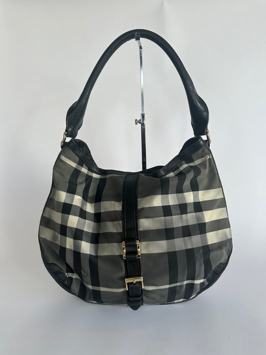 Burberry Black Beat Check Nylon and Leather Hobo