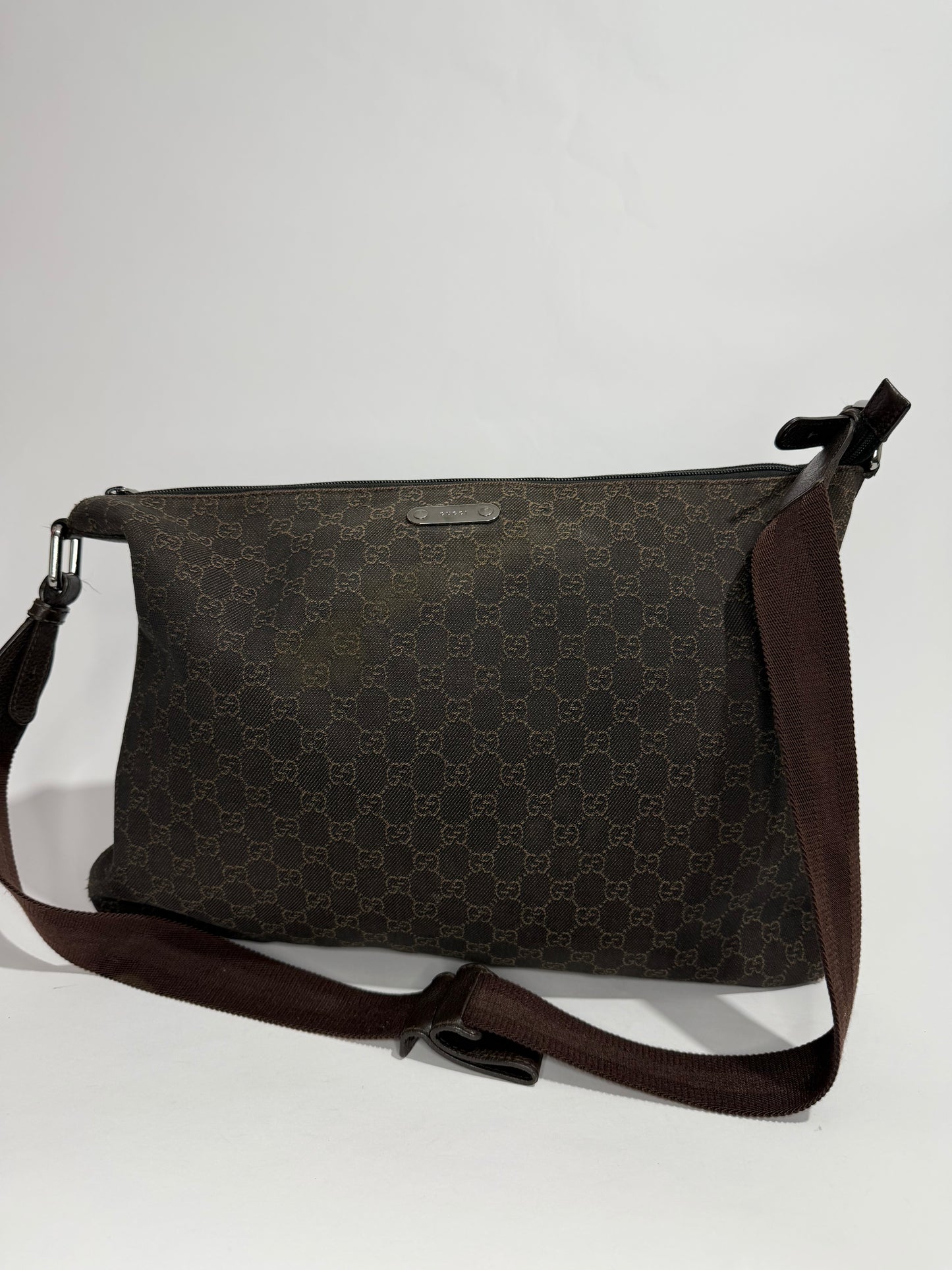 Gucci Dark Brown GG Denim Zip Messenger Bag