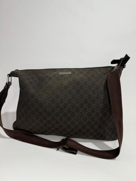 Gucci Dark Brown GG Denim Zip Messenger Bag