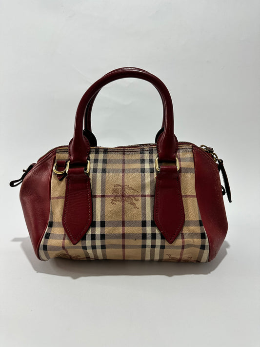BURBERRY 
Haymarket Check Small Blaze Satchel Military Red