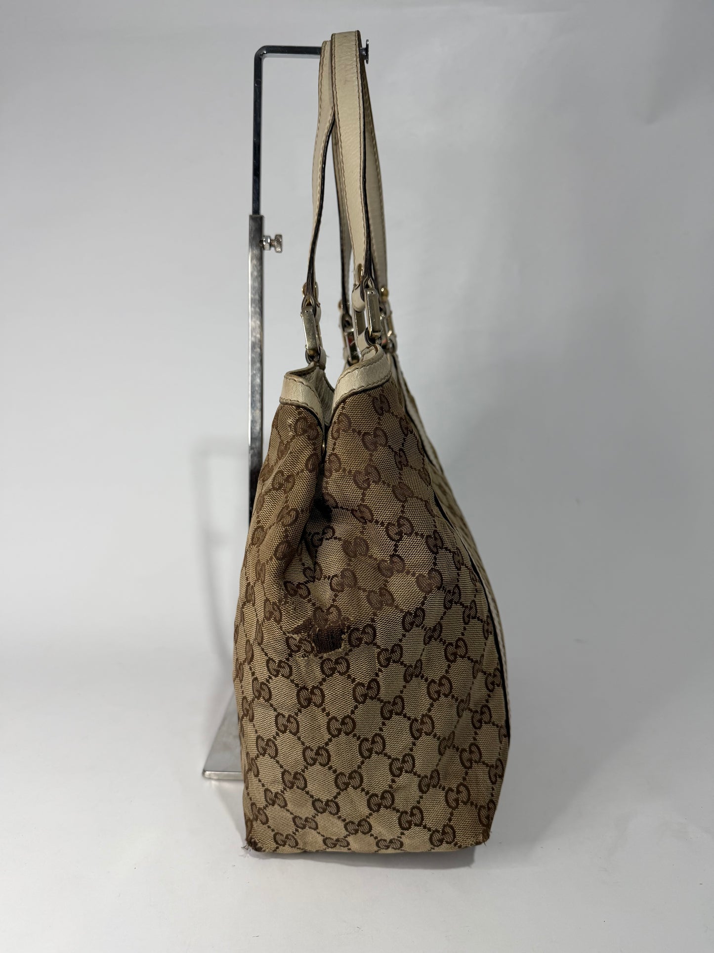 Gucci Beige/White GG Canvas and Leather Medium New Ladies Web Tote