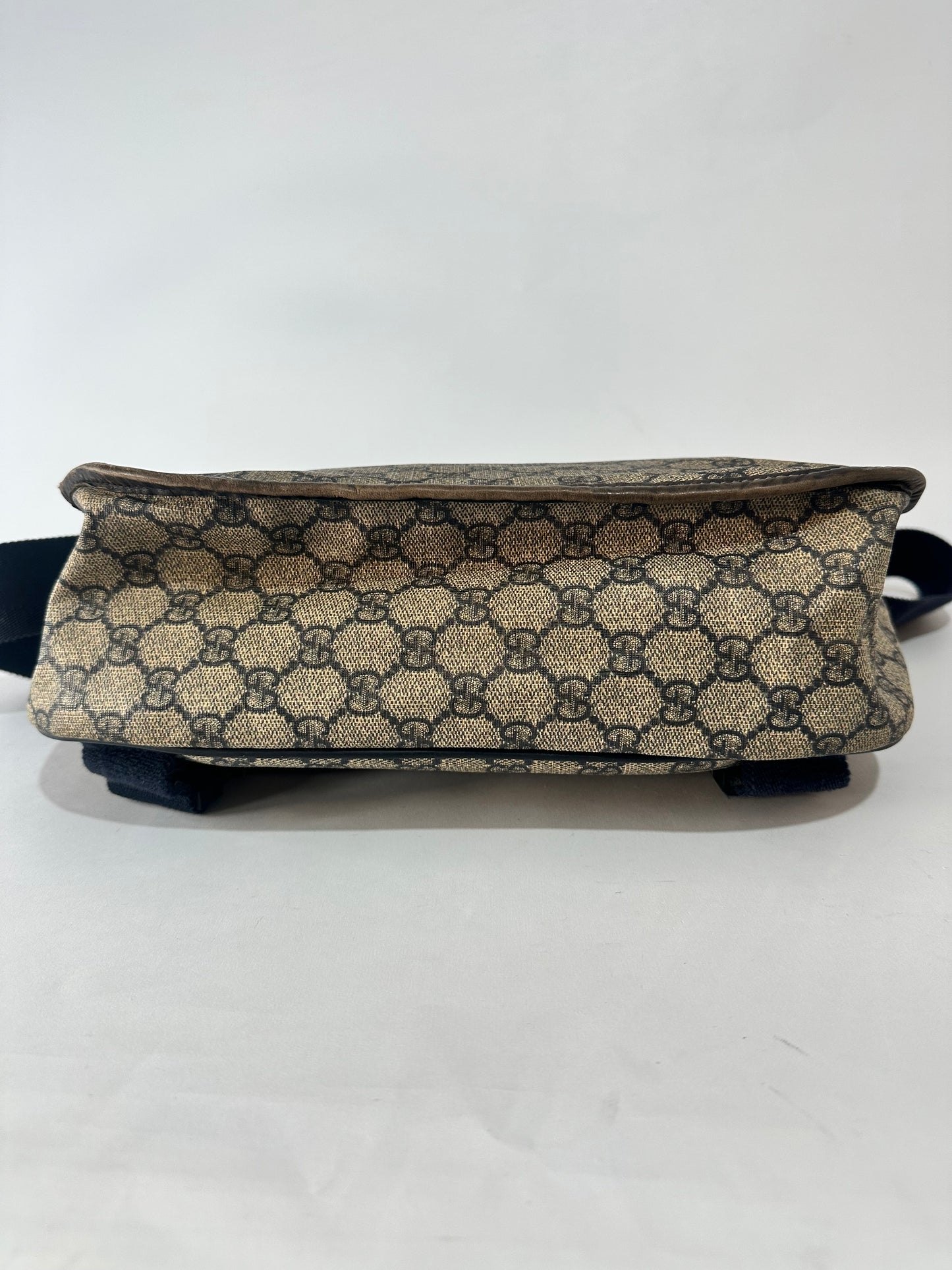 GUCCI  GG Plus Monogram Medium Double Buckle Flap Messenger Bag Beige Navy