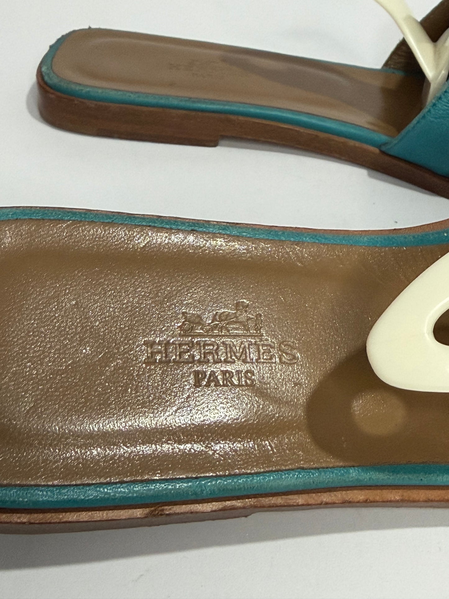 Hermès Oran H Cutout Slide Sandals Turquoise & Brown Leather Size 38.5 EU