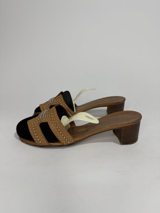Hermes Brown Leather Oasis Slide Sandals Size 37 EU/ 7 US / 4 UK