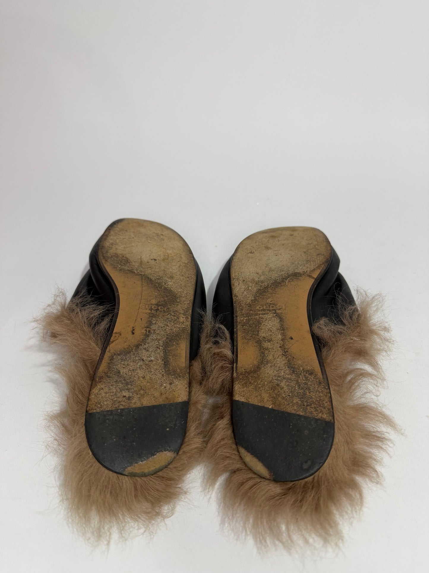 Gucci Black Floral Embroidered Leather and Fur Lined Princetown Mules Size 40 EU