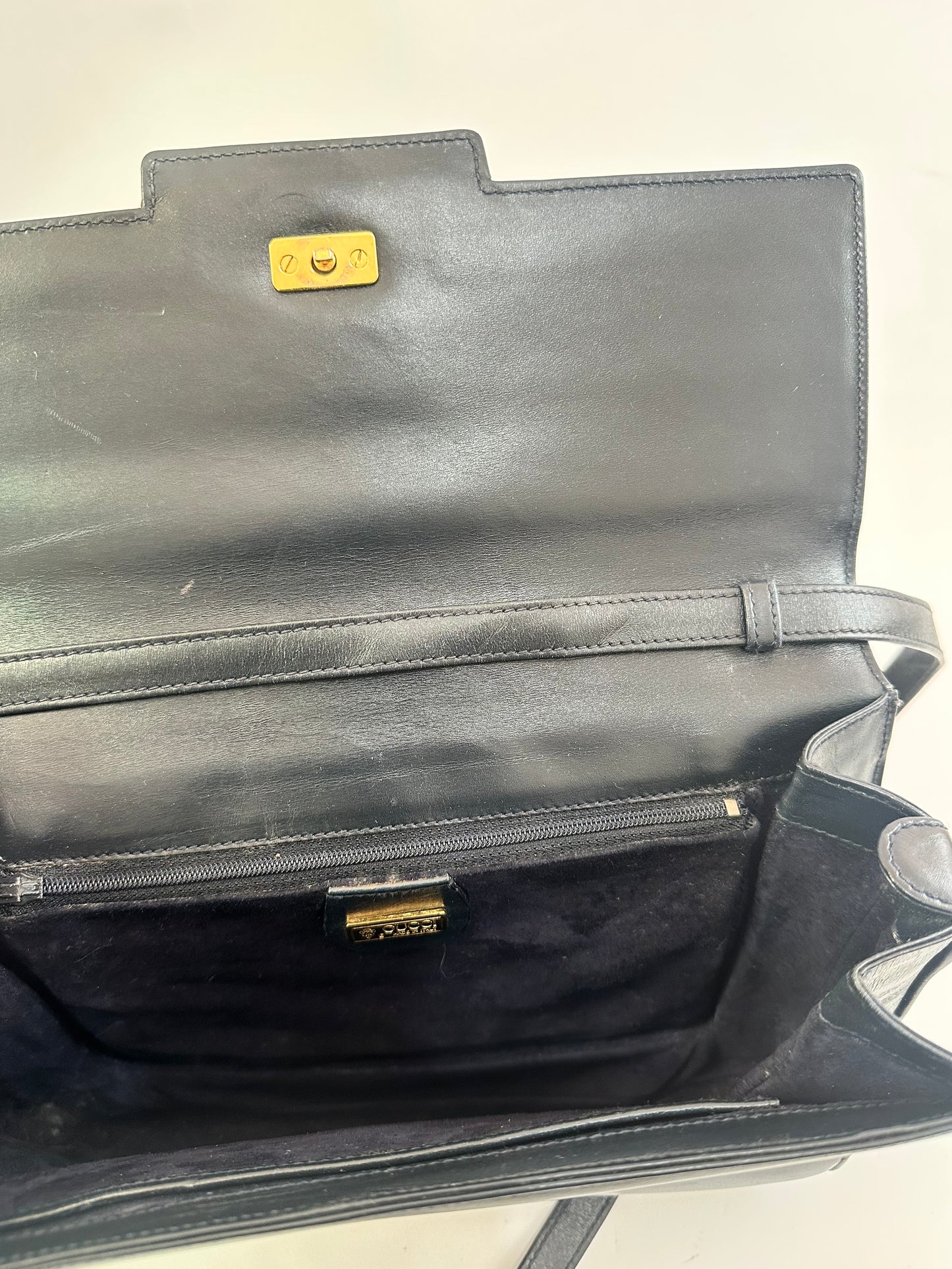 Gucci Vintage Navy Glossy Leather Turnlock Flap Shoulder Bag