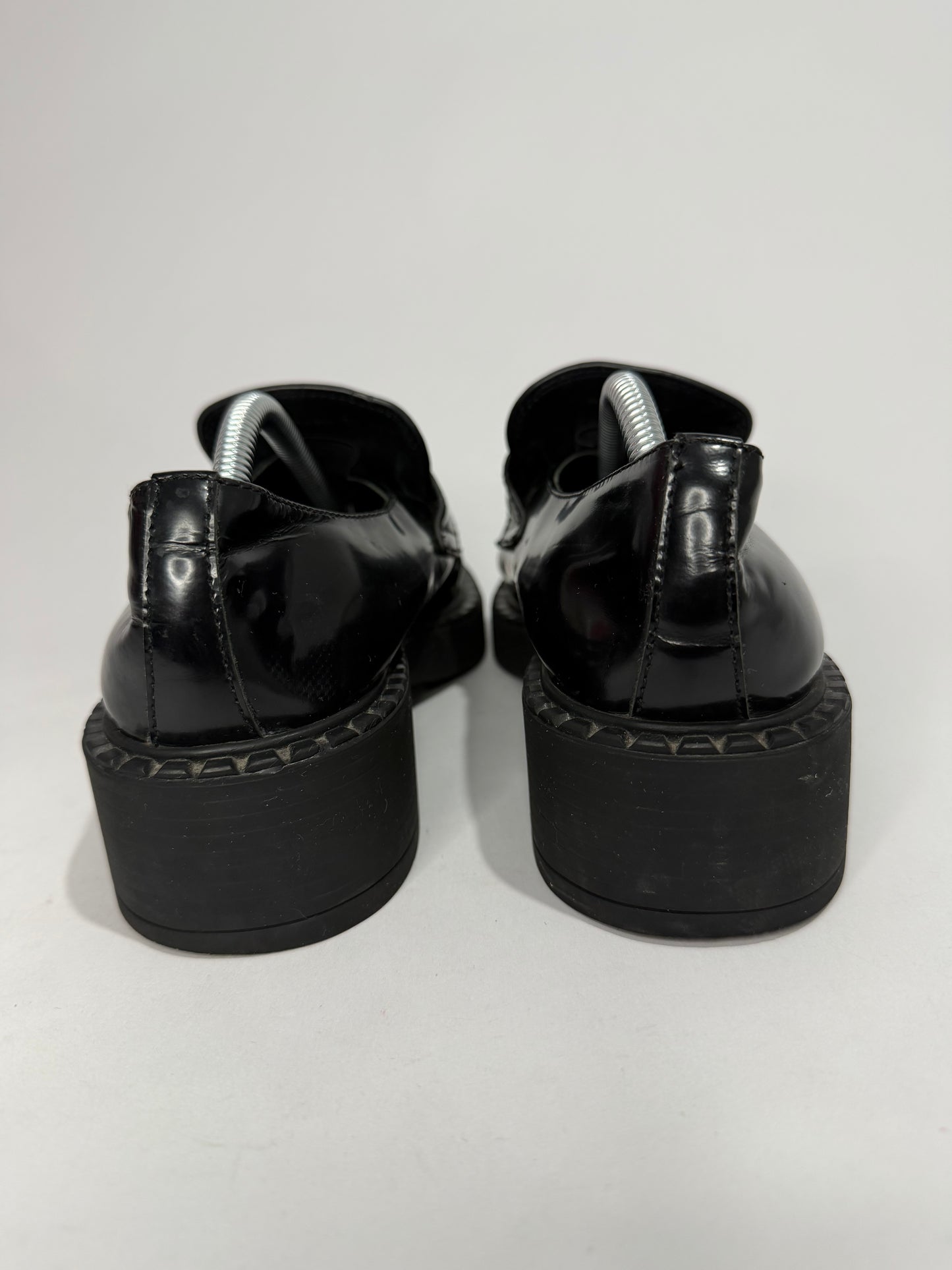 PRADA Vernice Metal Triangle Logo 50mm Loafers Size 37 EU/7 US/ 4 UK