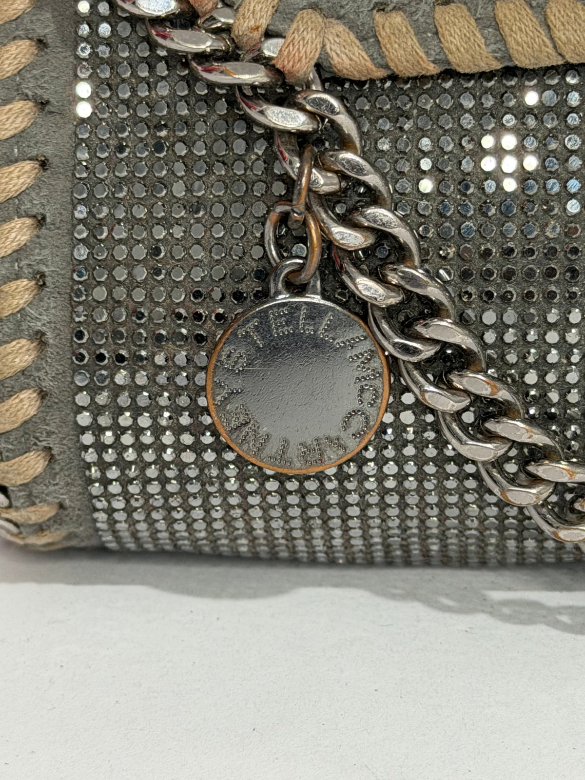 STELLA MCCARTNEY
Stella Mccartney Grey Falabella Crystal Tiny Foldover Bag