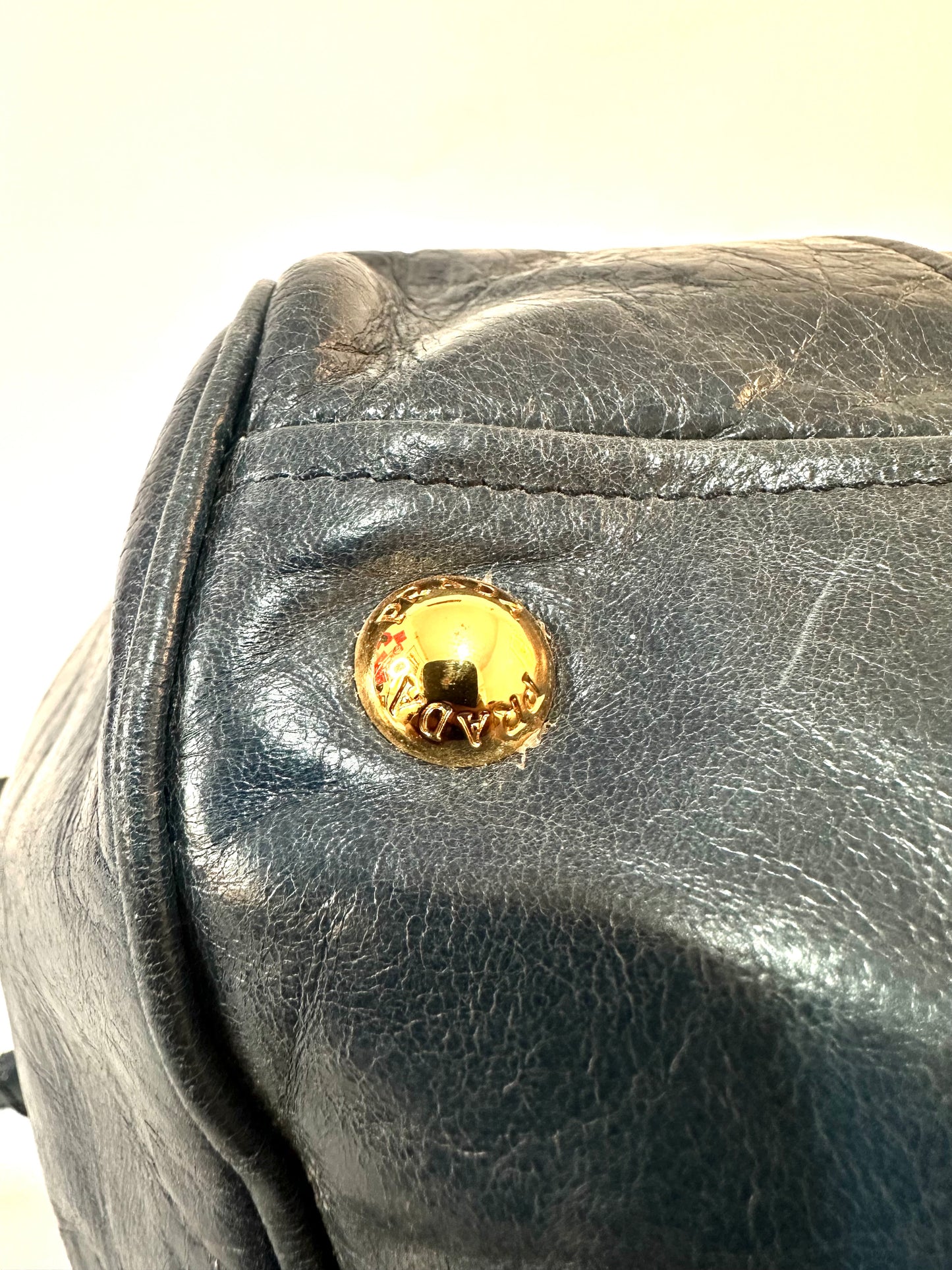 PRADA
Denim Blue Vitello Shine Leather Bauletto Bag