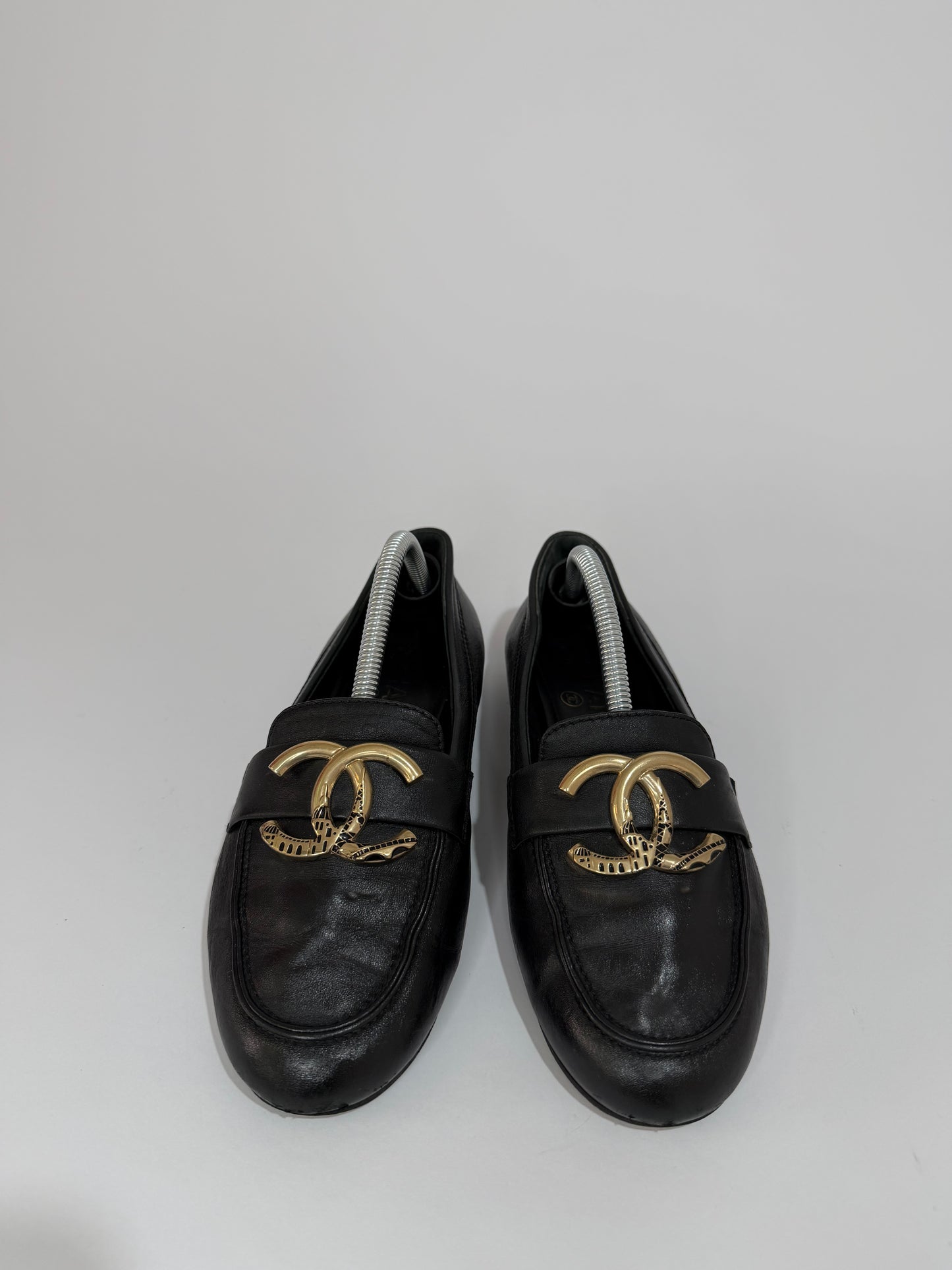 Chanel Black Leather Metal CC Slip On Loafers Size 35.5EU/5.5 US