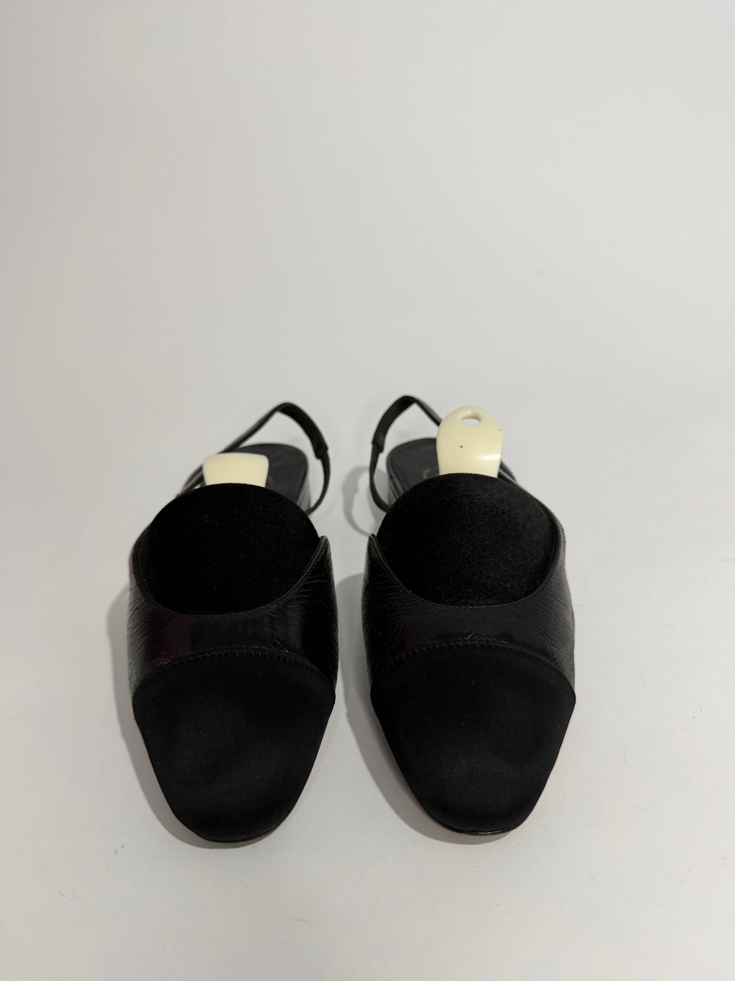 Chanel Black Leather And Patent Cap Toe Slingback Flats Size