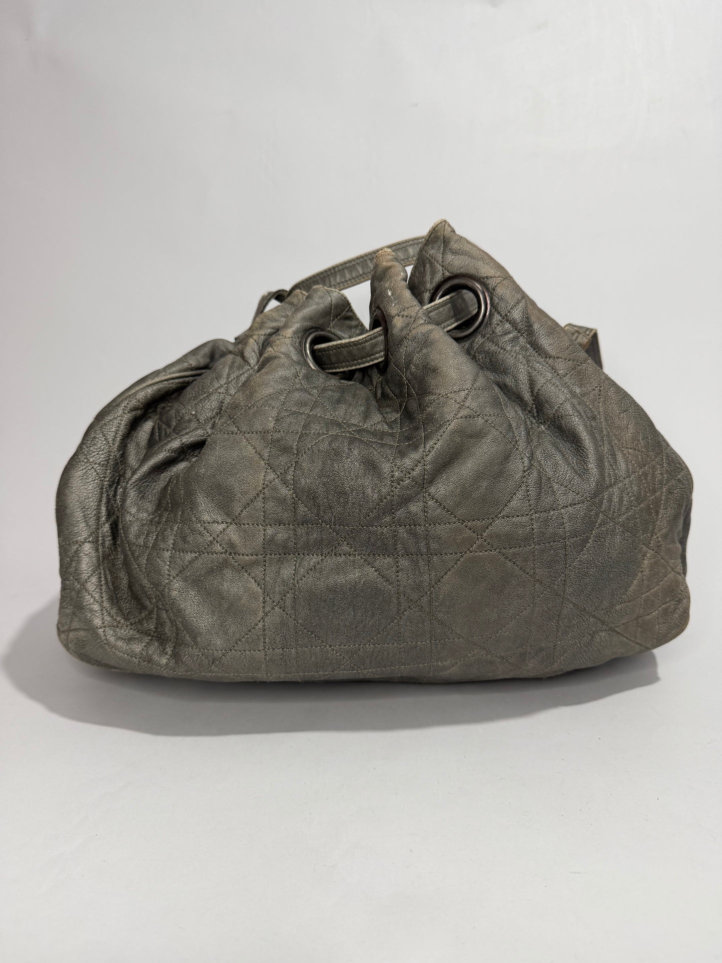 CHRISTIAN DIOR
Silver Cannage Quilted Leather Drawstring Tote Bag