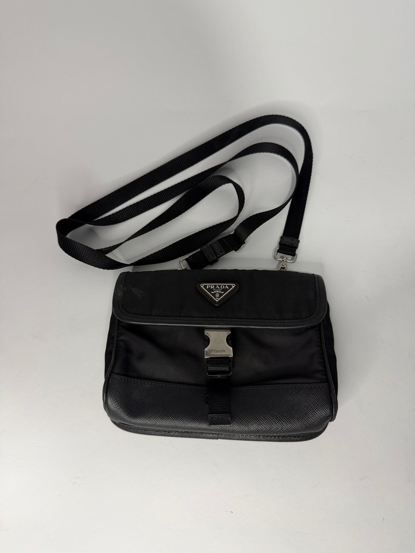 Prada Black Re-Nylon and Leather Flap Crossbody Bag