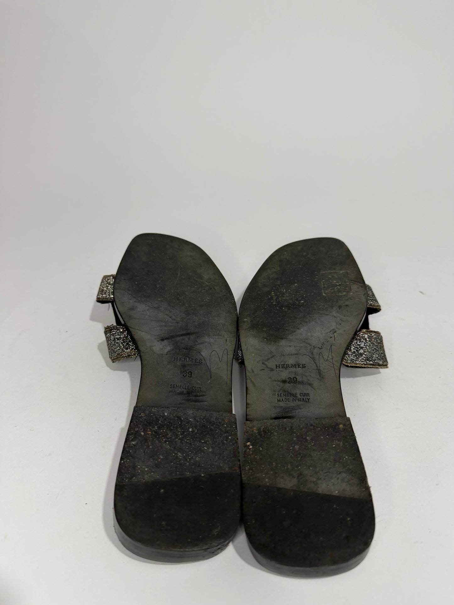 Hermes Silver/Black Suede And Glitter Oran Slide Flats Size 39 EU/ 9 US