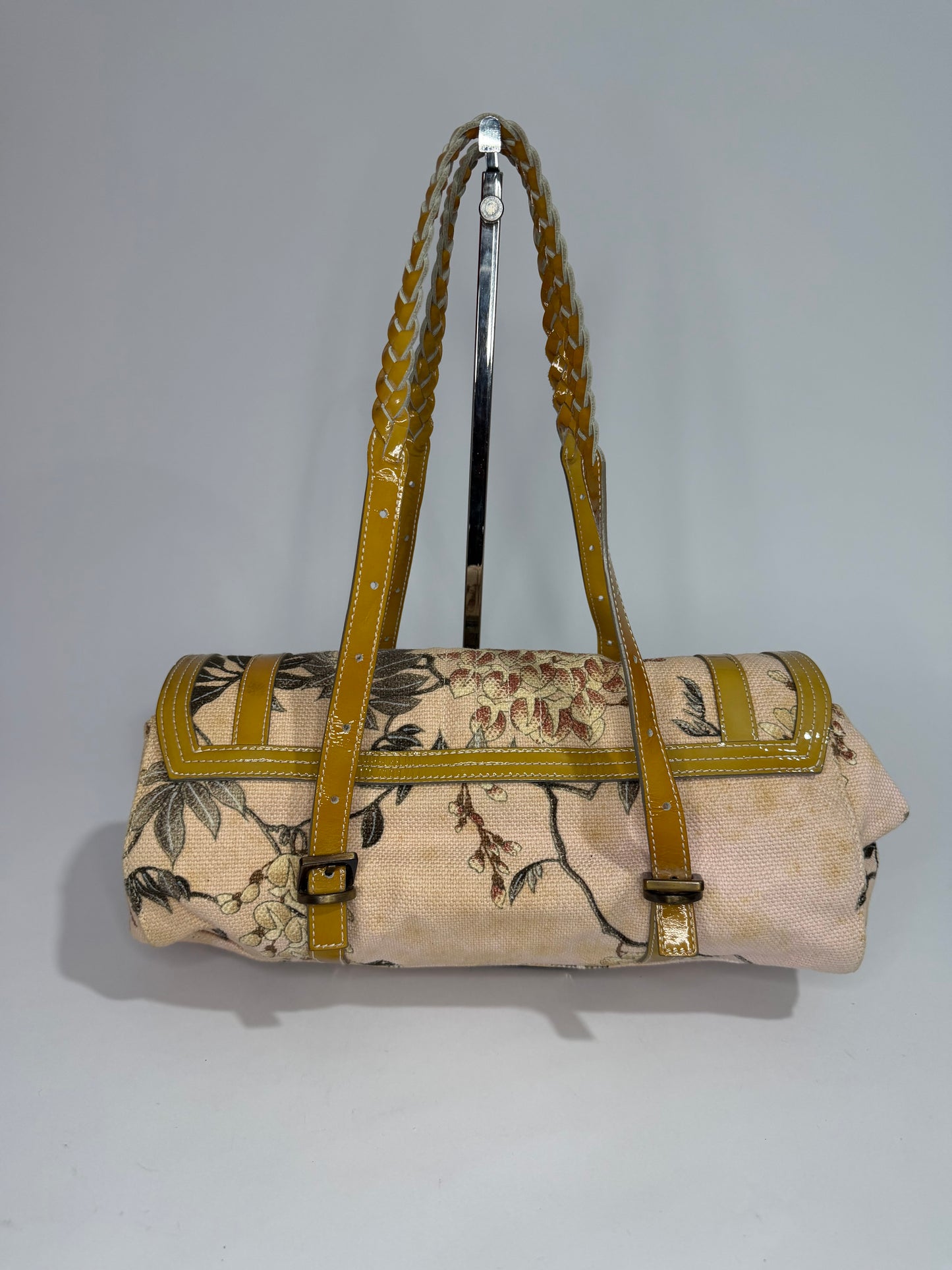 Givenchy Floral Canvas & Mustard Patent Leather Shoulder Bag with Braided Handles