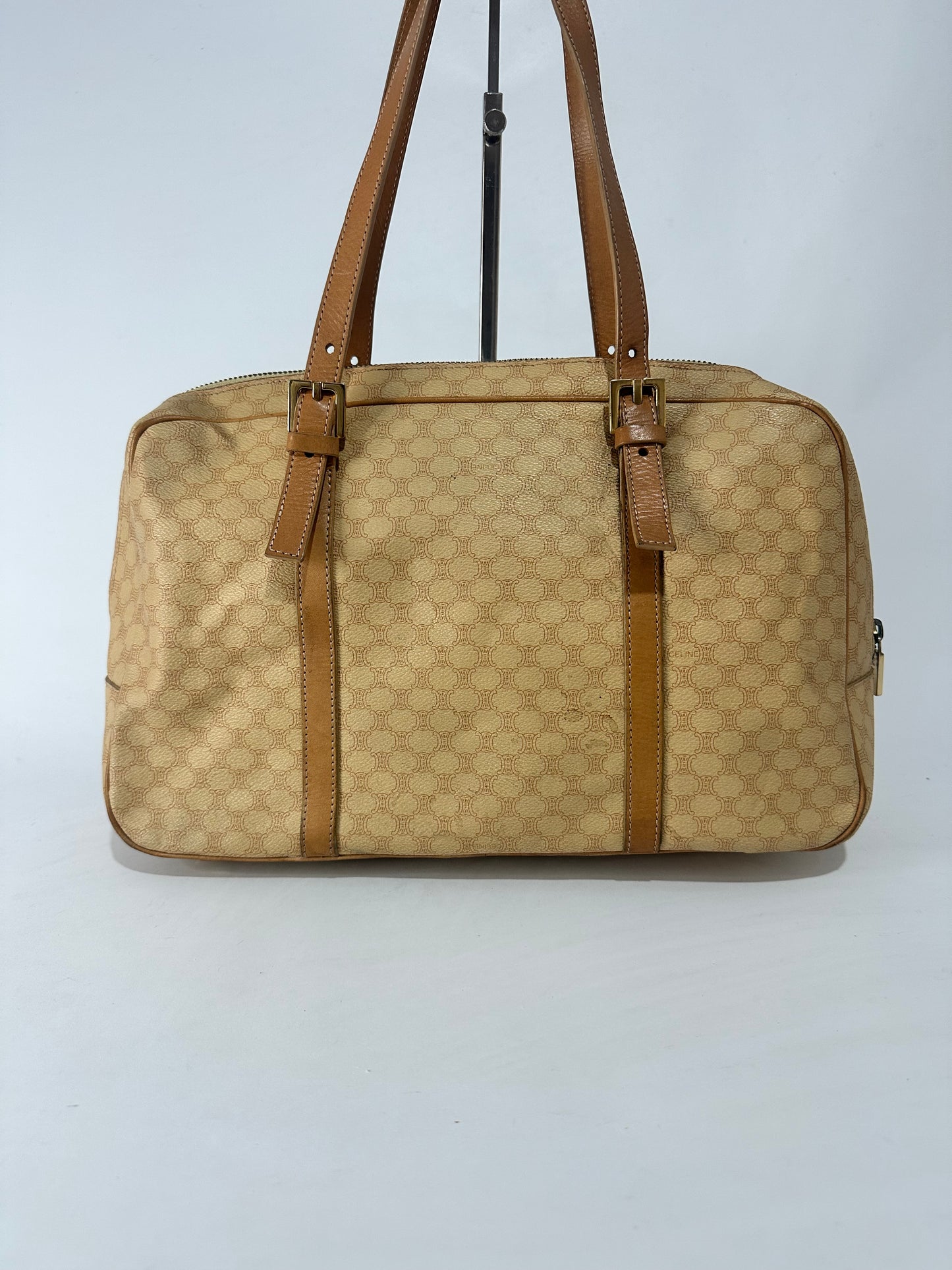 Vintage Celine Macadam Coated Canvas Boston Shoulder Bag – Tan/Brown – Made in Italy