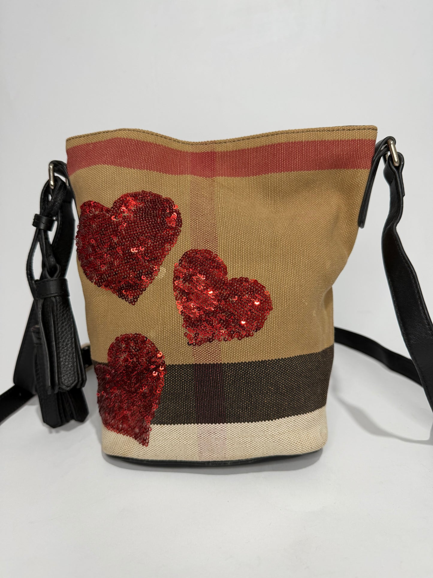 BURBERRY Canvas Mega Check Mini Ashby Tassel Crossbody Burgundy Red