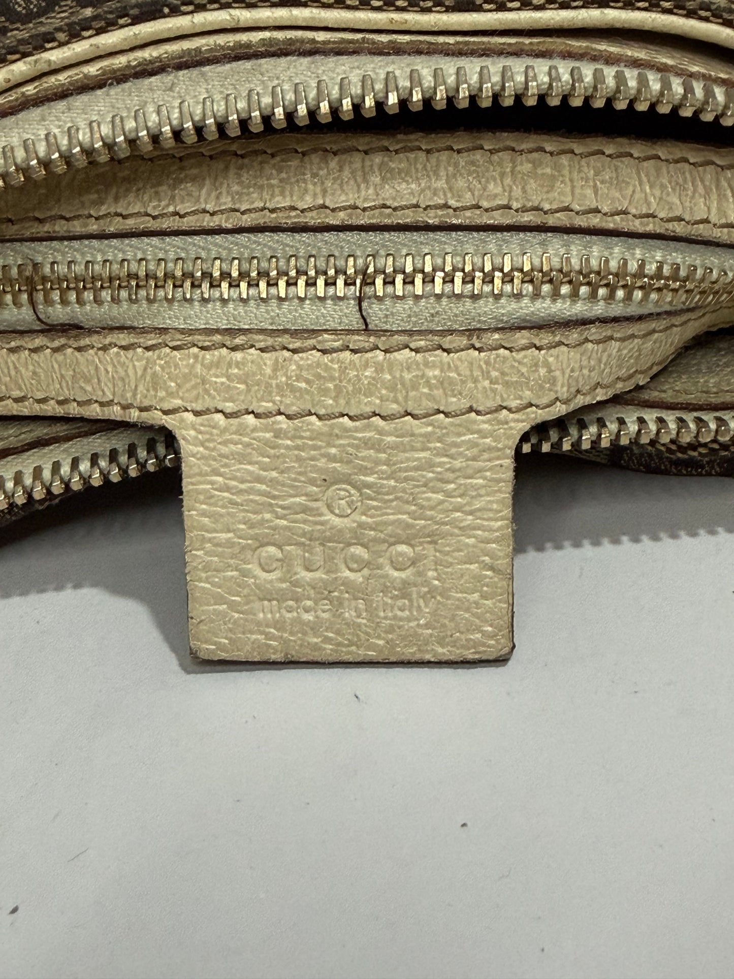 GUCCI
Beige/White GG Canvas Horsebit Creole Hobo Bag