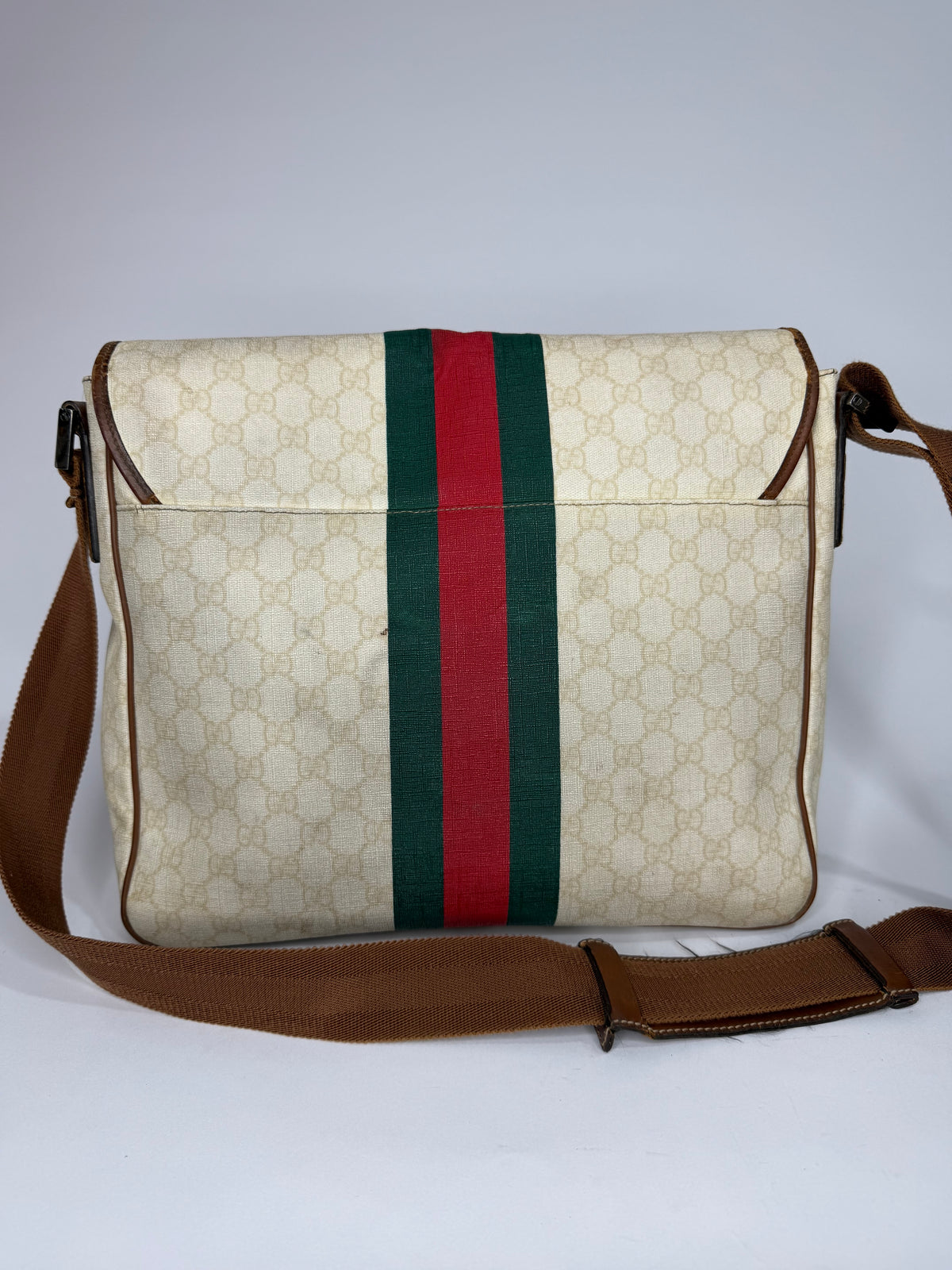 Gucci Vintage GG Supreme Beige Monogram Web Stripe Messenger Shoulder Bag