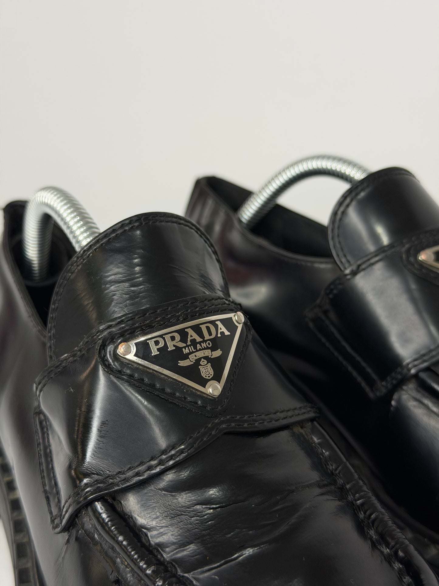 PRADA Vernice Metal Triangle Logo 50mm Loafers Size 35 EU/5 US/ 2UK