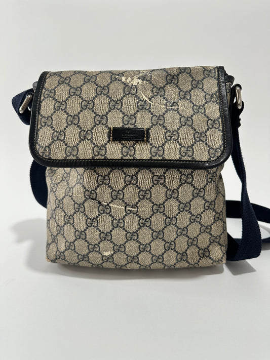 GUCCI 
GG Plus Monogram Sellieria Calfskin Small Flap Messenger Bag Beige Blue